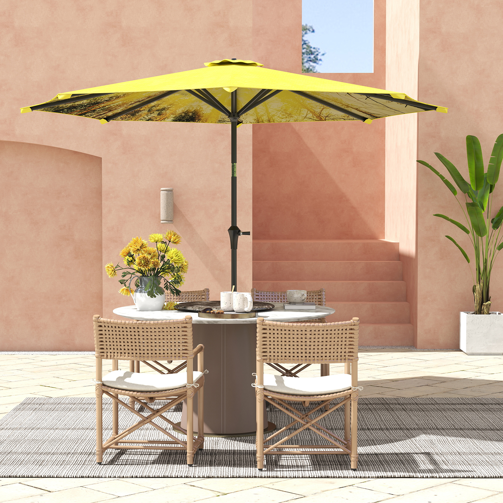Outsunny Parasol Ø300 cm met Handmolen, Achthoekig, Geel
