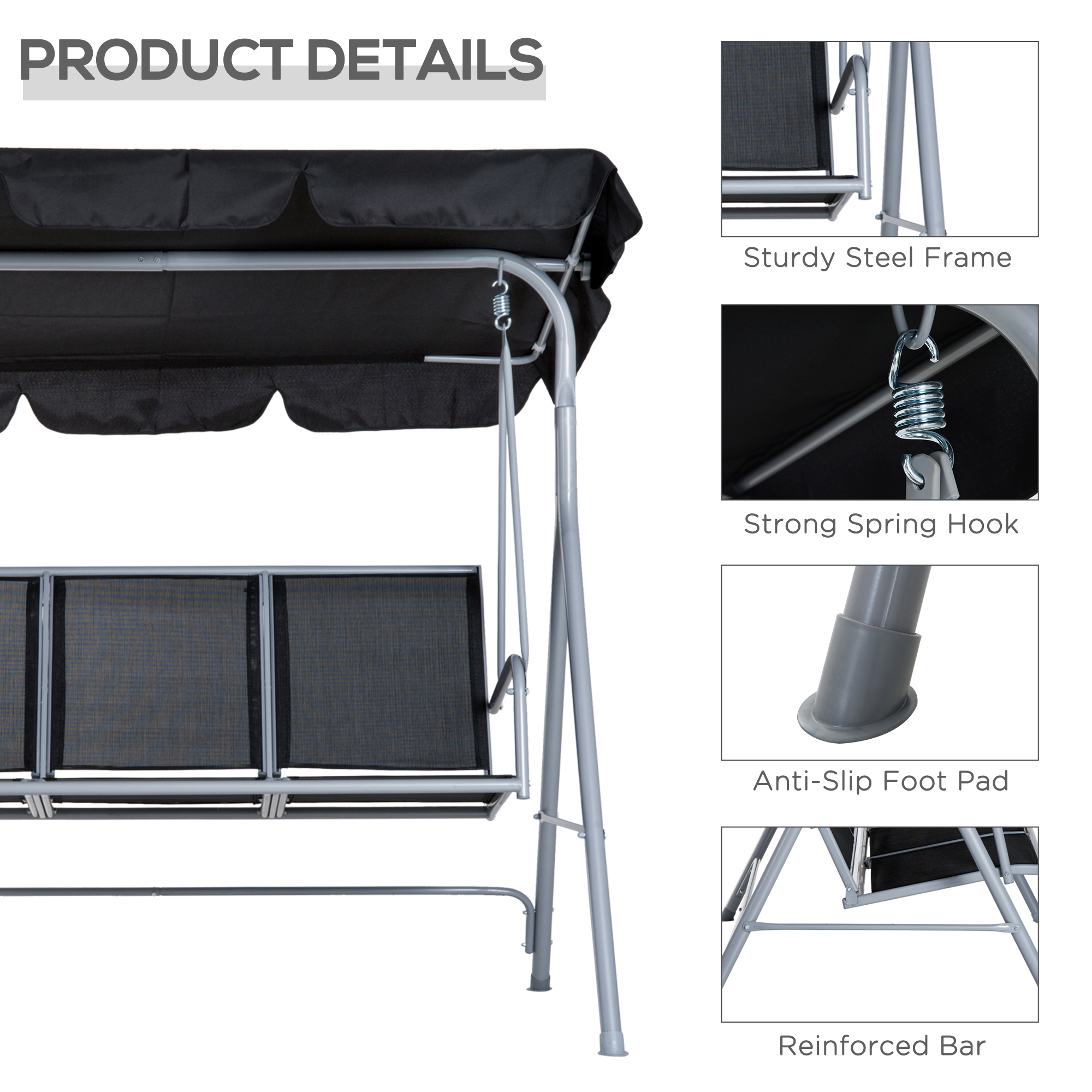 Outsunny 3-zits schommelzitje 171cm x 108cm x 154cm