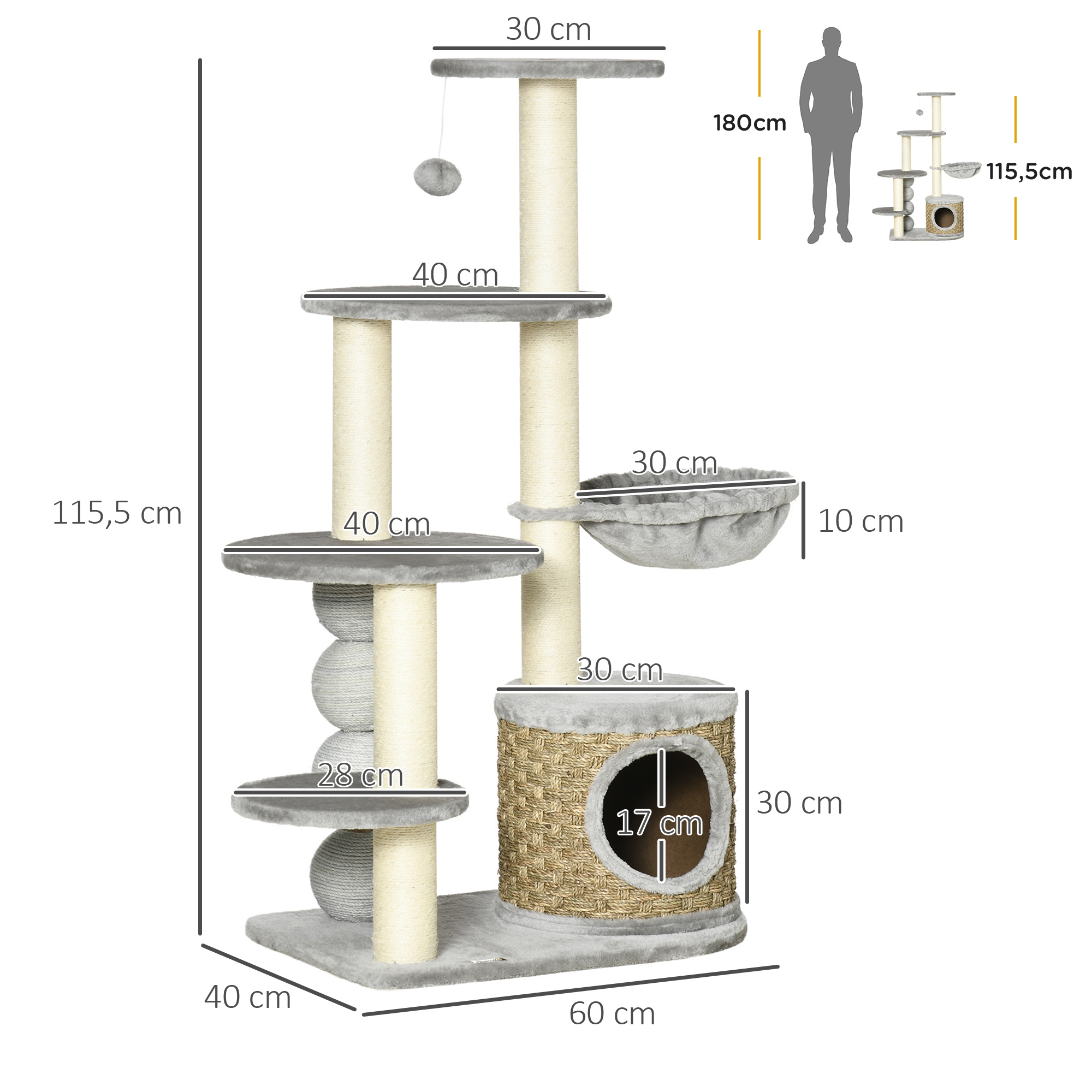 PawHut kattenboom met kattengrot, hangmat en 3 krabpalen 60 cm x 40 cm x 115,5 cm lichtgrijs