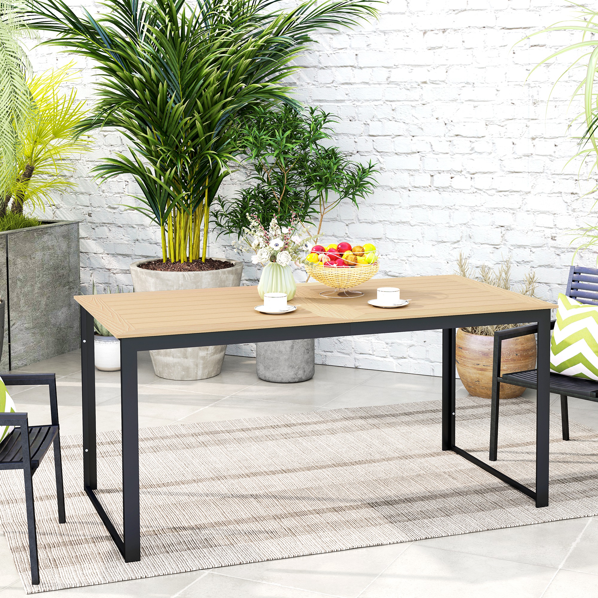 Outsunny Weerbestendige Tuintafel voor 6 - 160 x 80 cm met Lamellen-Tafelblad, Buitentafel in Teak Look