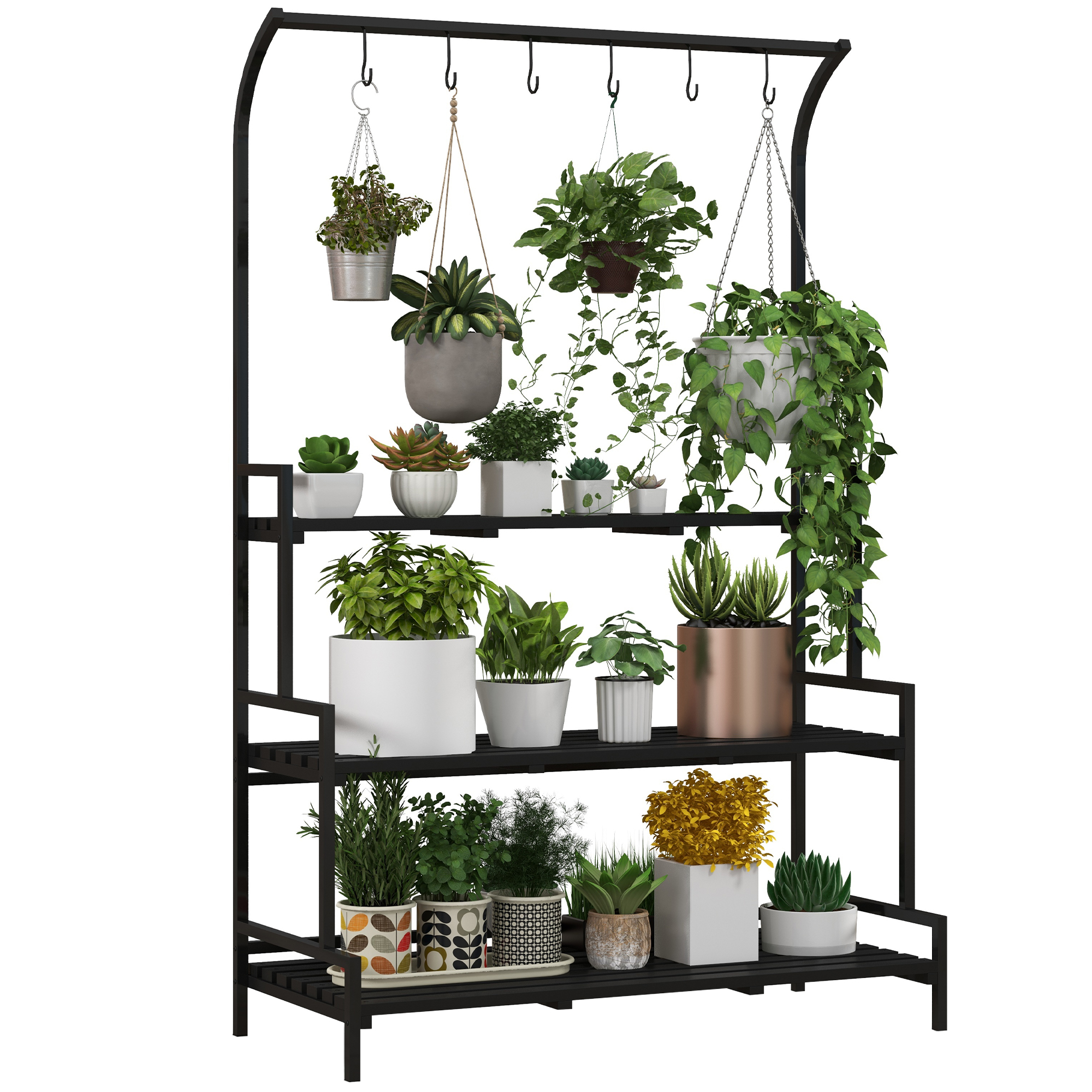 Outsunny Bloemenstandaard, 3 niveaus, 6 haken, voor binnen en buiten, metalen frame, 170H x 110L x 50B cm, zwart