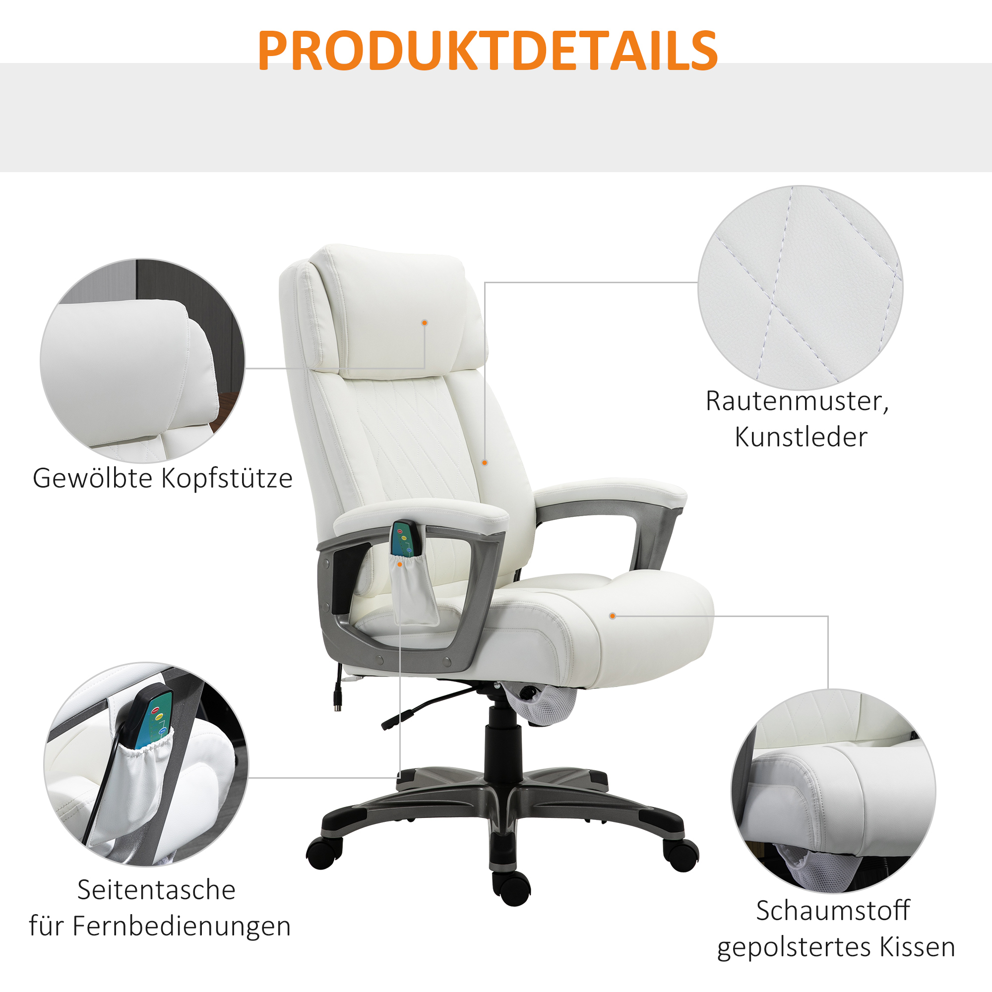 Vinsetto massage bureaustoel 6-punts draaibare massagestoel gemaakt van kunstleer met gebogen hoofdsteun en armsteun wit 70 b x 76,5 d x 114-124 h cm