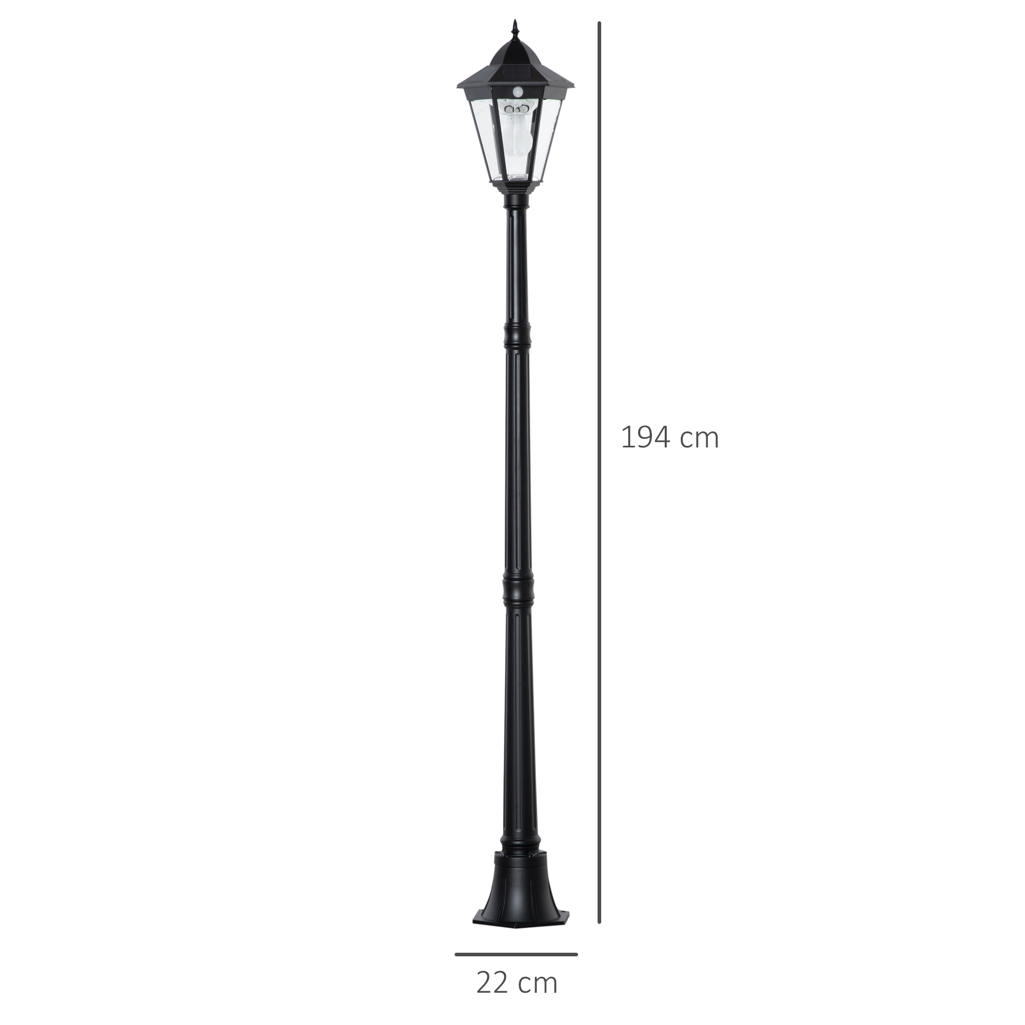 Outsunny Solar Tuinlantaarn Lantaarn Tuinlamp Pad Licht met 19 LED 130 Lumen 3000K Aluminium Gehard Glas Zwart 22 x 22 x 194 cm