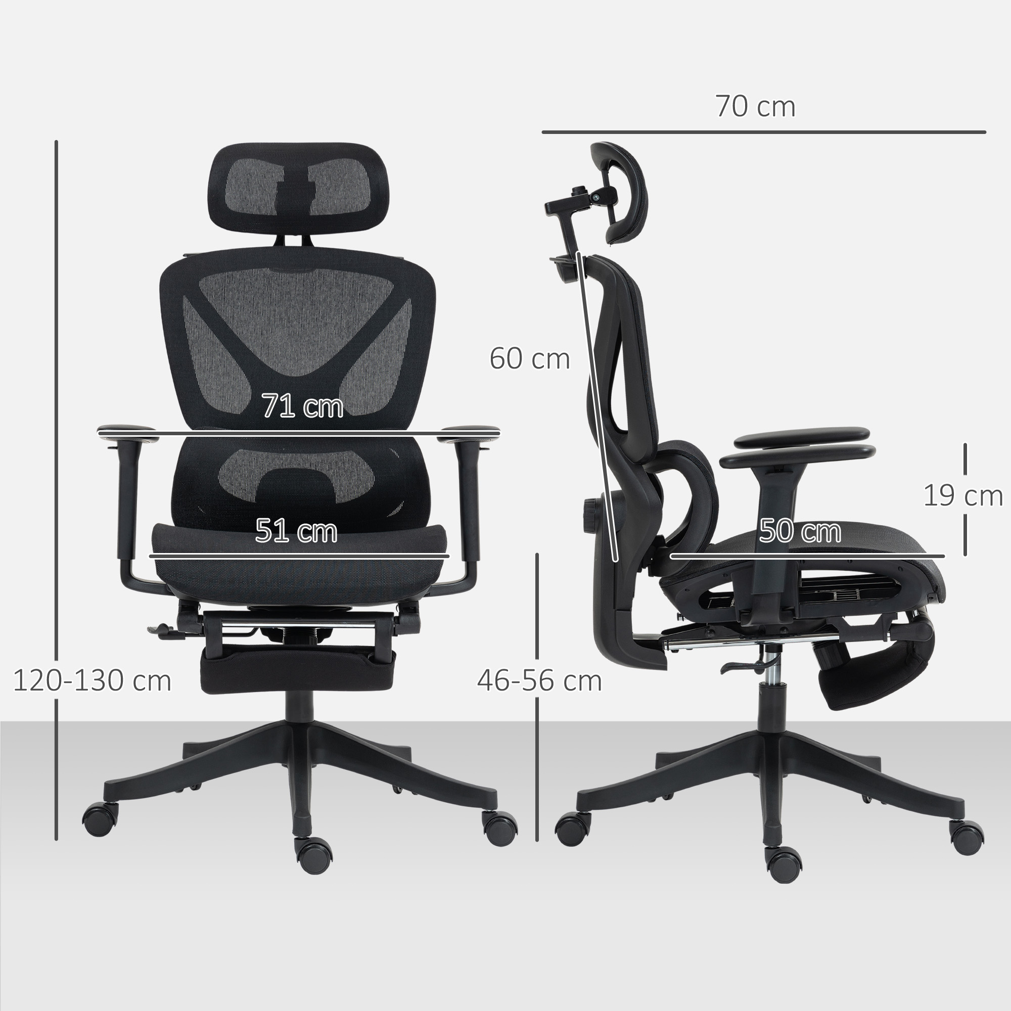 HOMCOM Bureaustoel, Ergonomisch Draaibaar, 135 Graden Kantelbaar, Verstelbaar, Zwart
