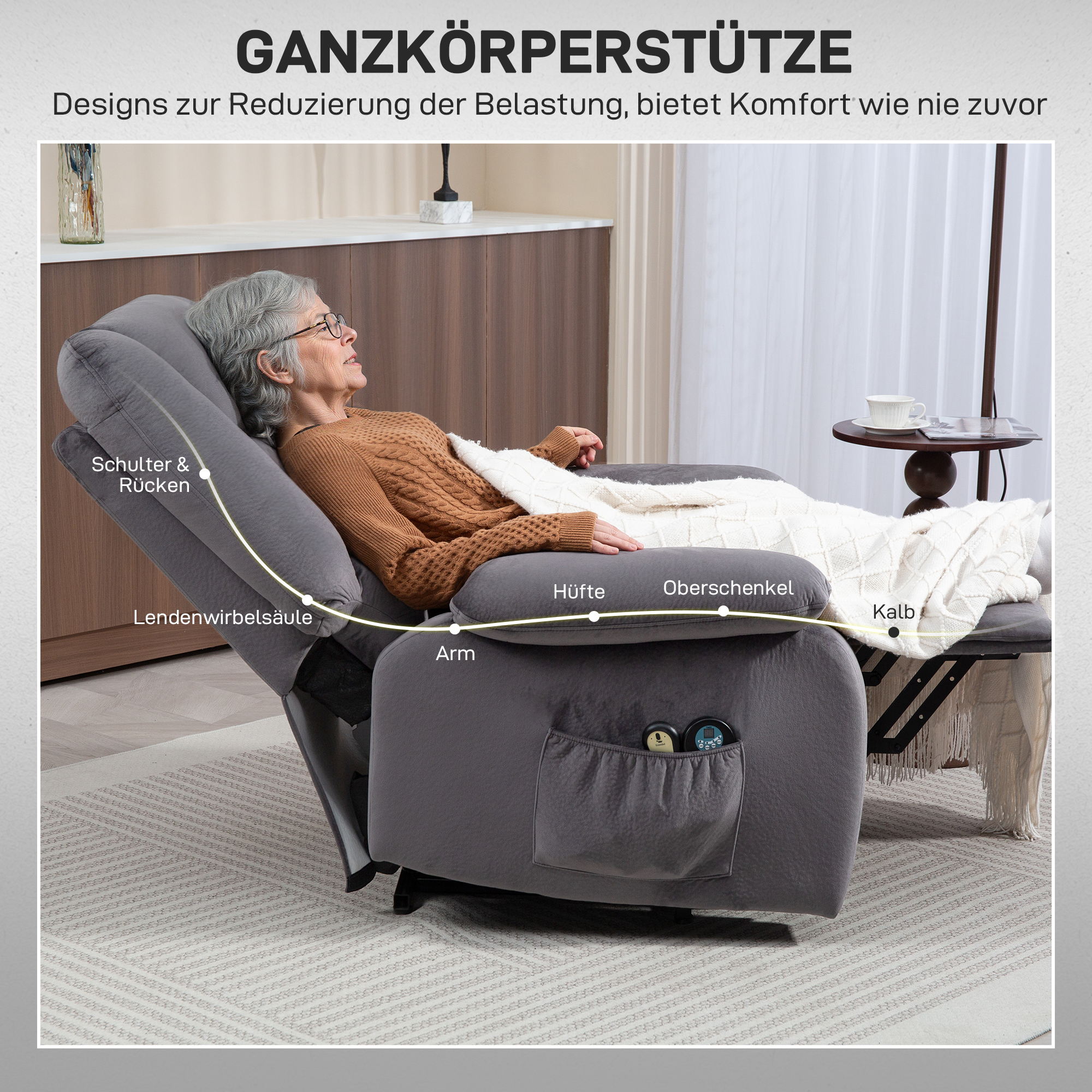 HOMCOM Relaxfauteuil met Opstaan-hulp, Warmte- en Massagefunctie, Afstandsbediening en Zijvak, Donkergrijs