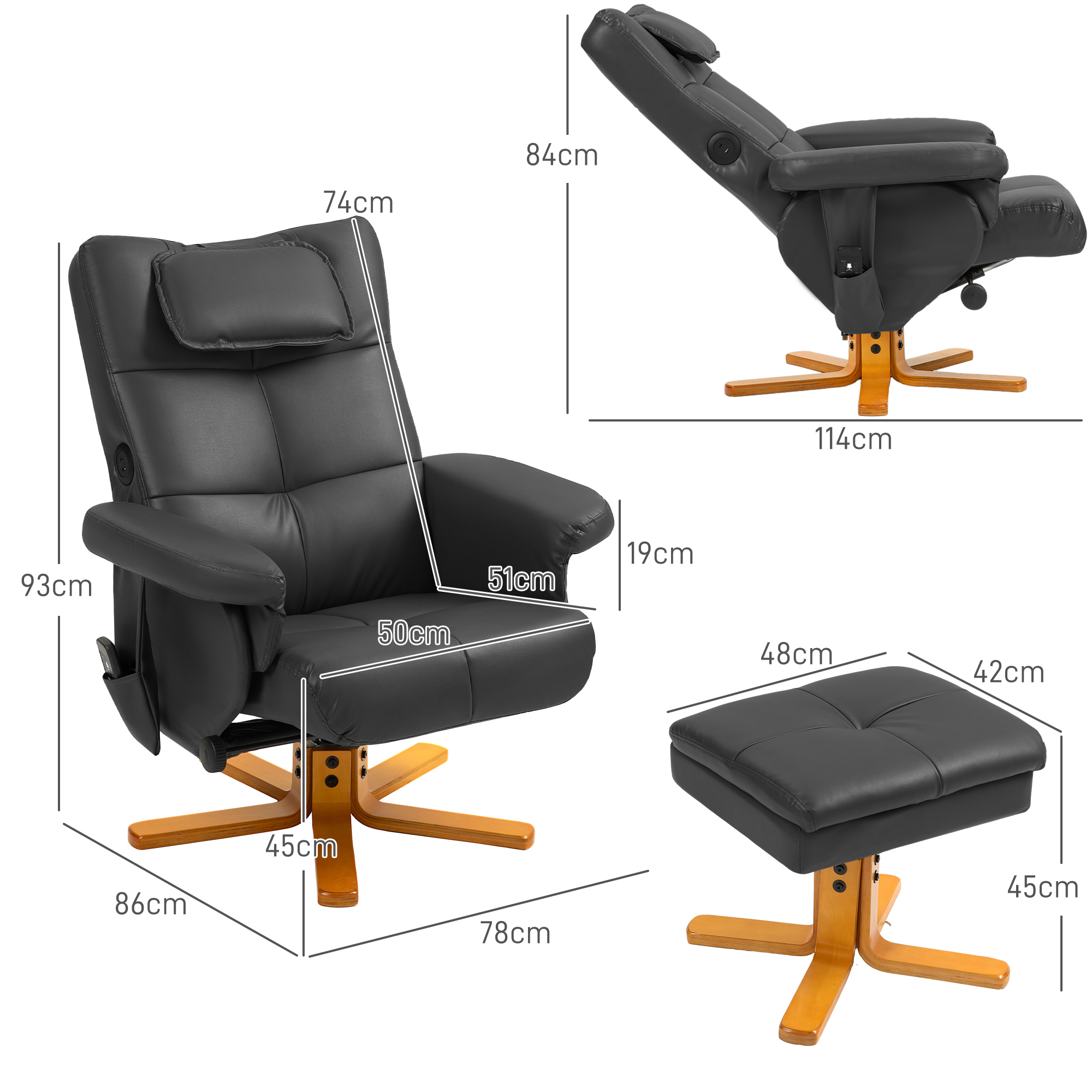 HOMCOM Massagestoel met Kruk, Verstelbare Rugleuning, USB-laadpoort, Lederlook, tot 150 kg, Zwart