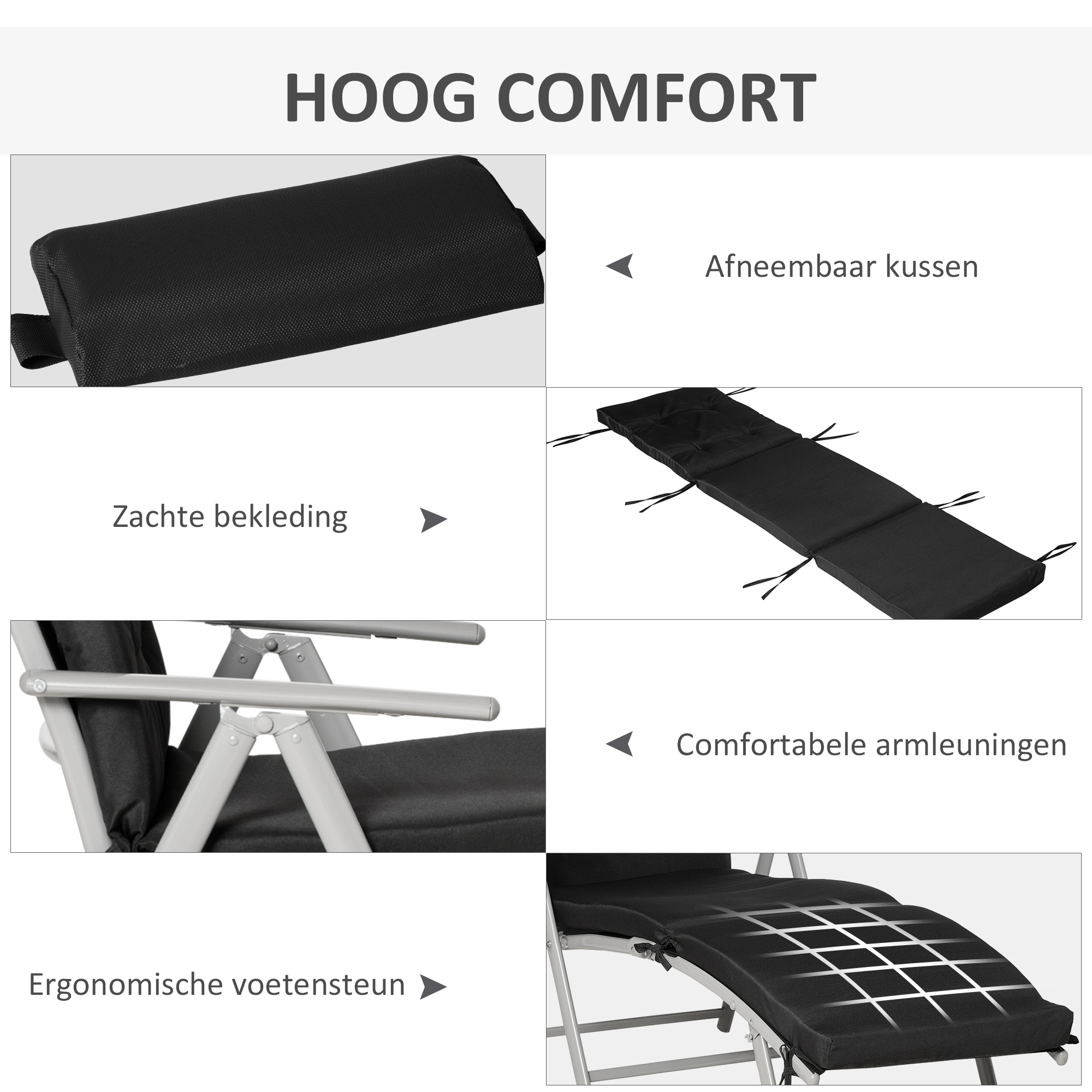 Outsunny Ligbank, Opvouwbare Tuinligbed, Metaal, Verstelbaar, Zwart
