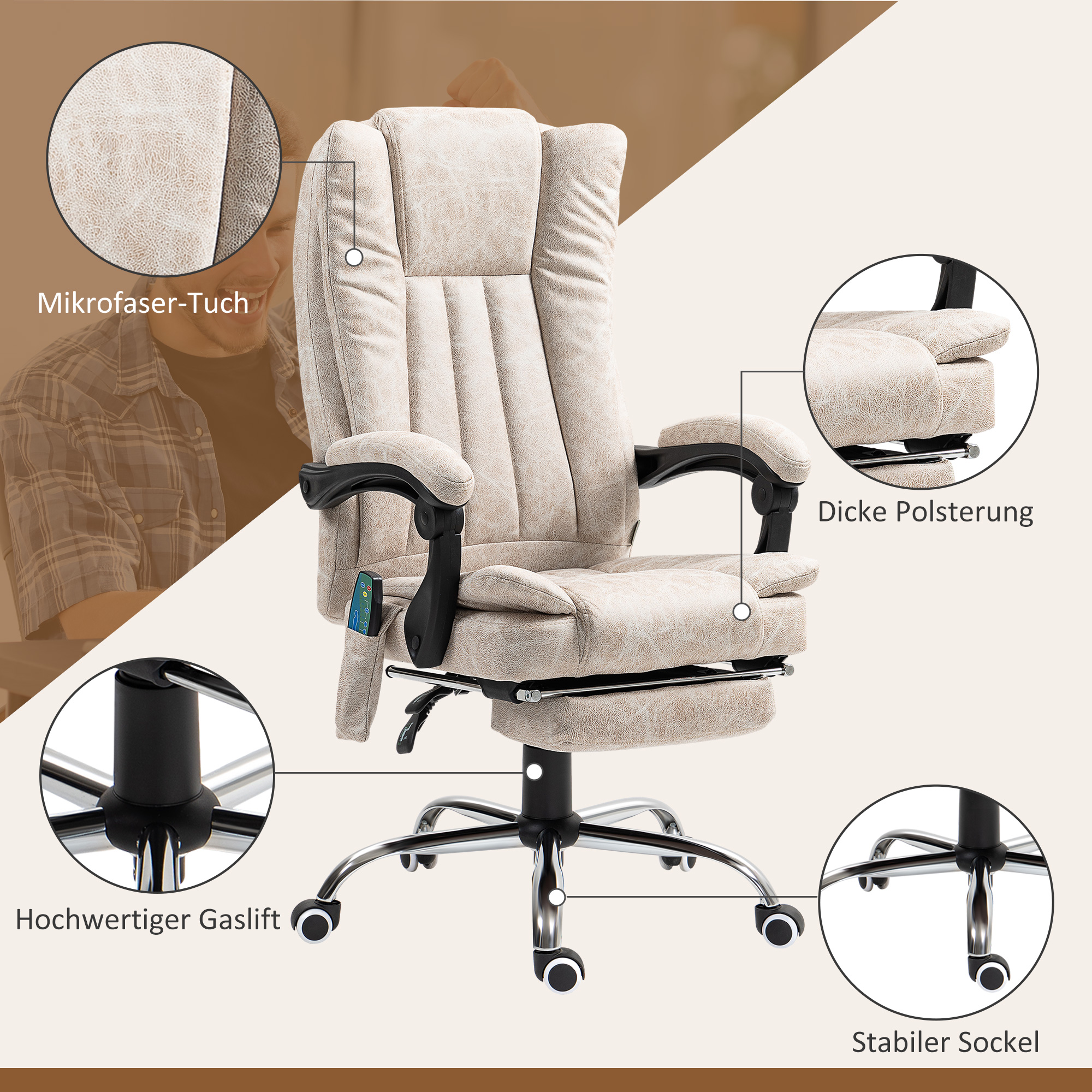 Vinsetto Bureaustoel met Massagefunctie, Ergonomische Schreibtischstoel met Ligfunctie, Verwarmingsfunctie en Zijzak, Crèmewit
