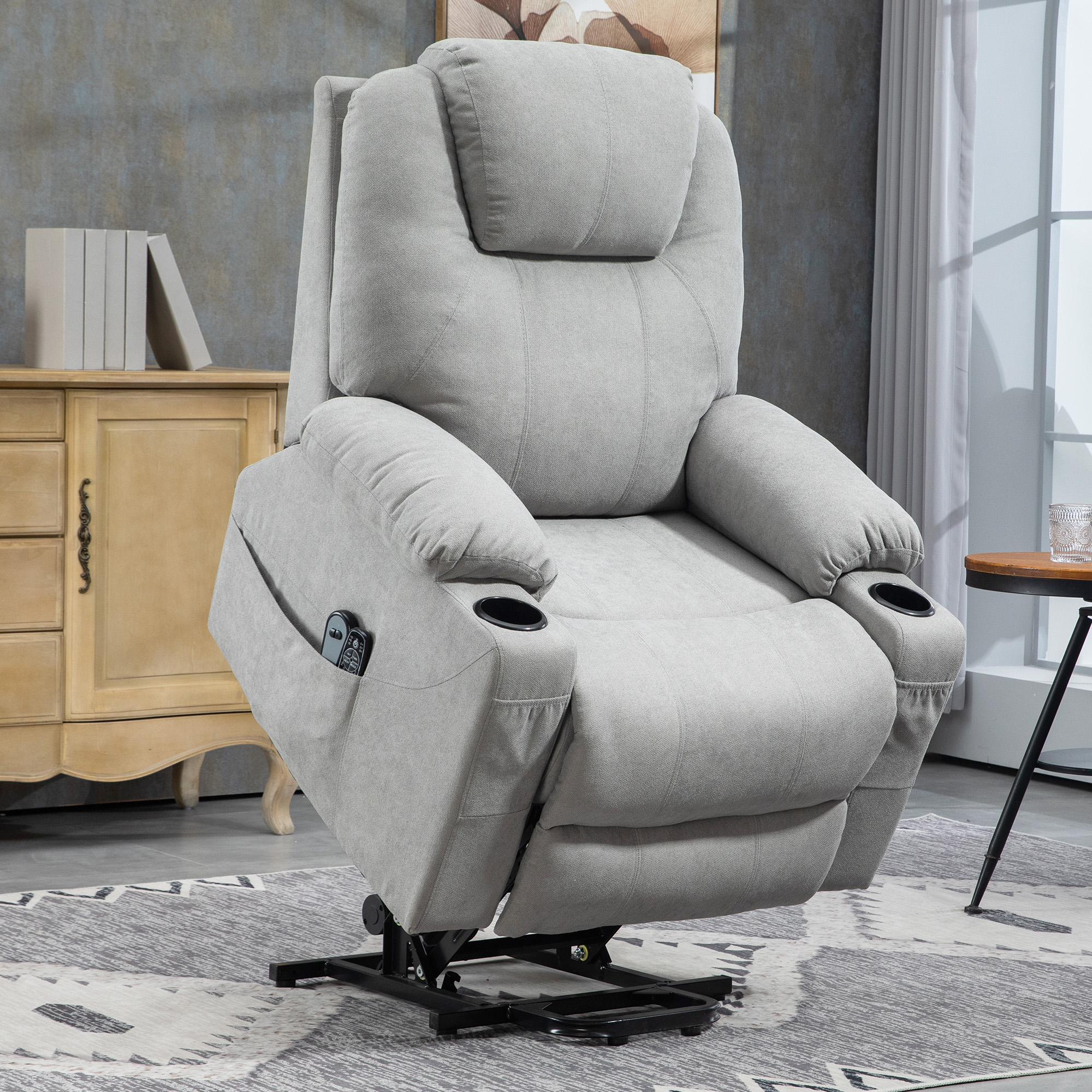 HOMCOM Massagestoel met Opsta-hulp voor Senioren, 8 Vibratiepunten, 2 Zijzakken, Drankhouder, 90 x 101 x 107 cm, Grijs