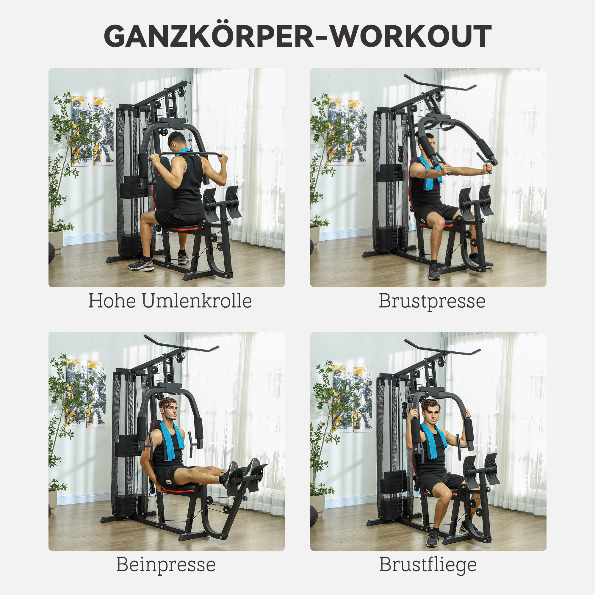 SPORTNOW Thuis Fitnessstation met 45 kg Gewichtsblokken, Lat Pulley, Borststation, Beinpresse voor Veelzijdige Training