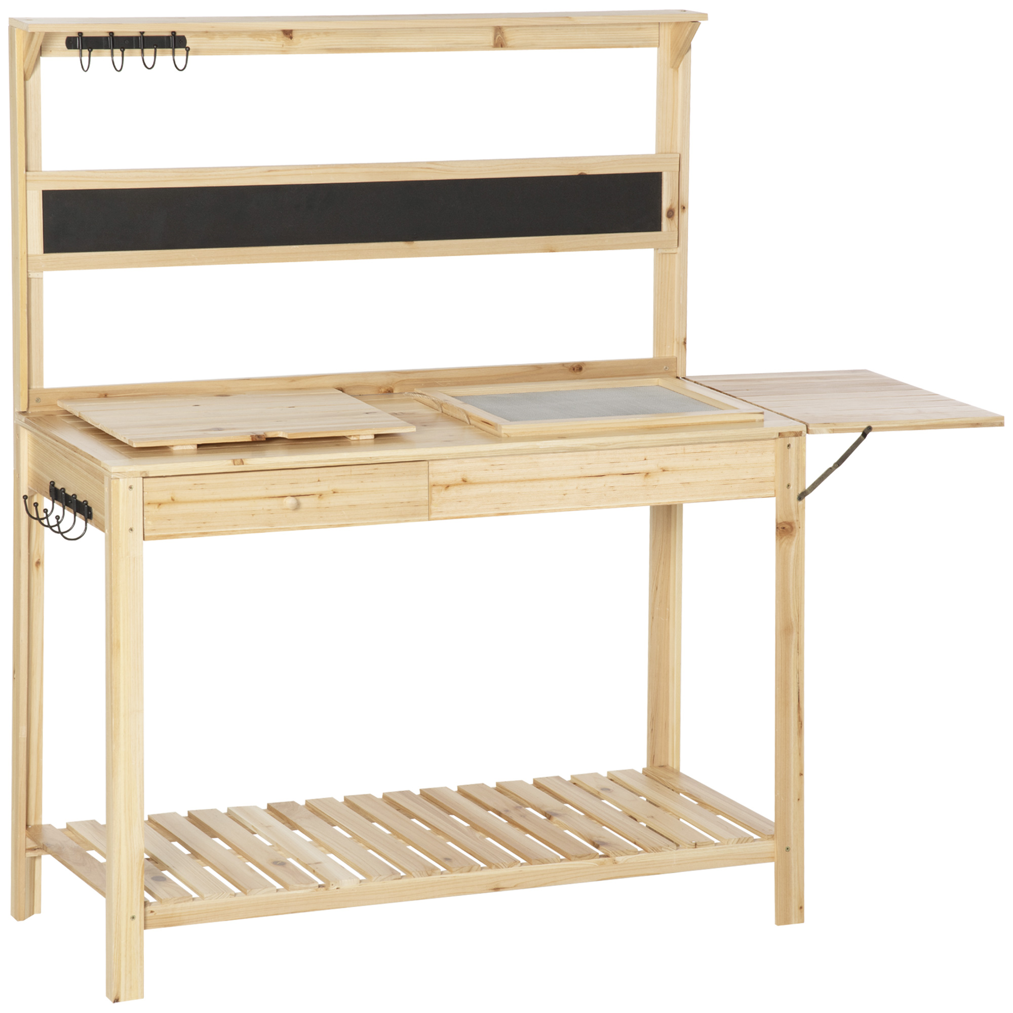 Outsunny plantentafel tuintafel met 8 haken ladeplank bloementafel van hout voor tuinterras naturel 151 x 45,5 x 143 cm