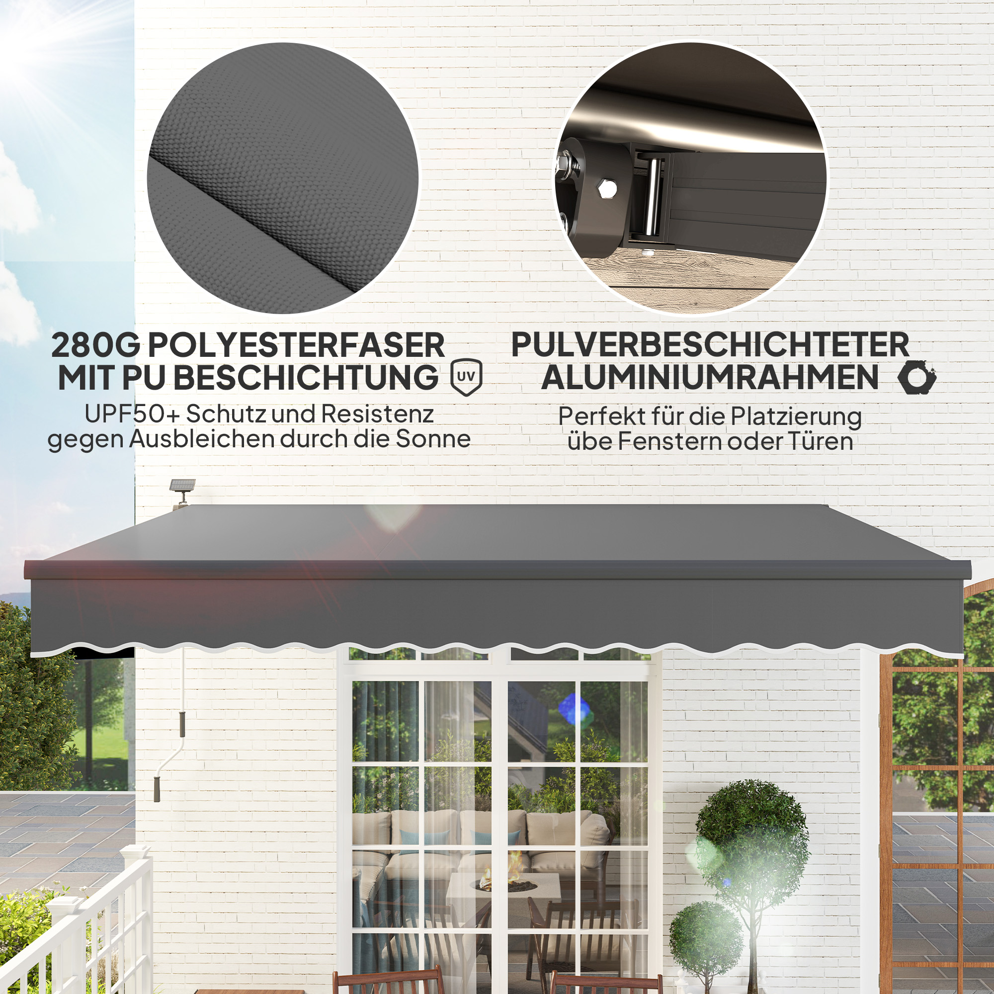 Outsunny Uitschuifbare Luifel met Handkruk en Zonne-energie LED-licht UV 50+ 400 cm breed Grijs