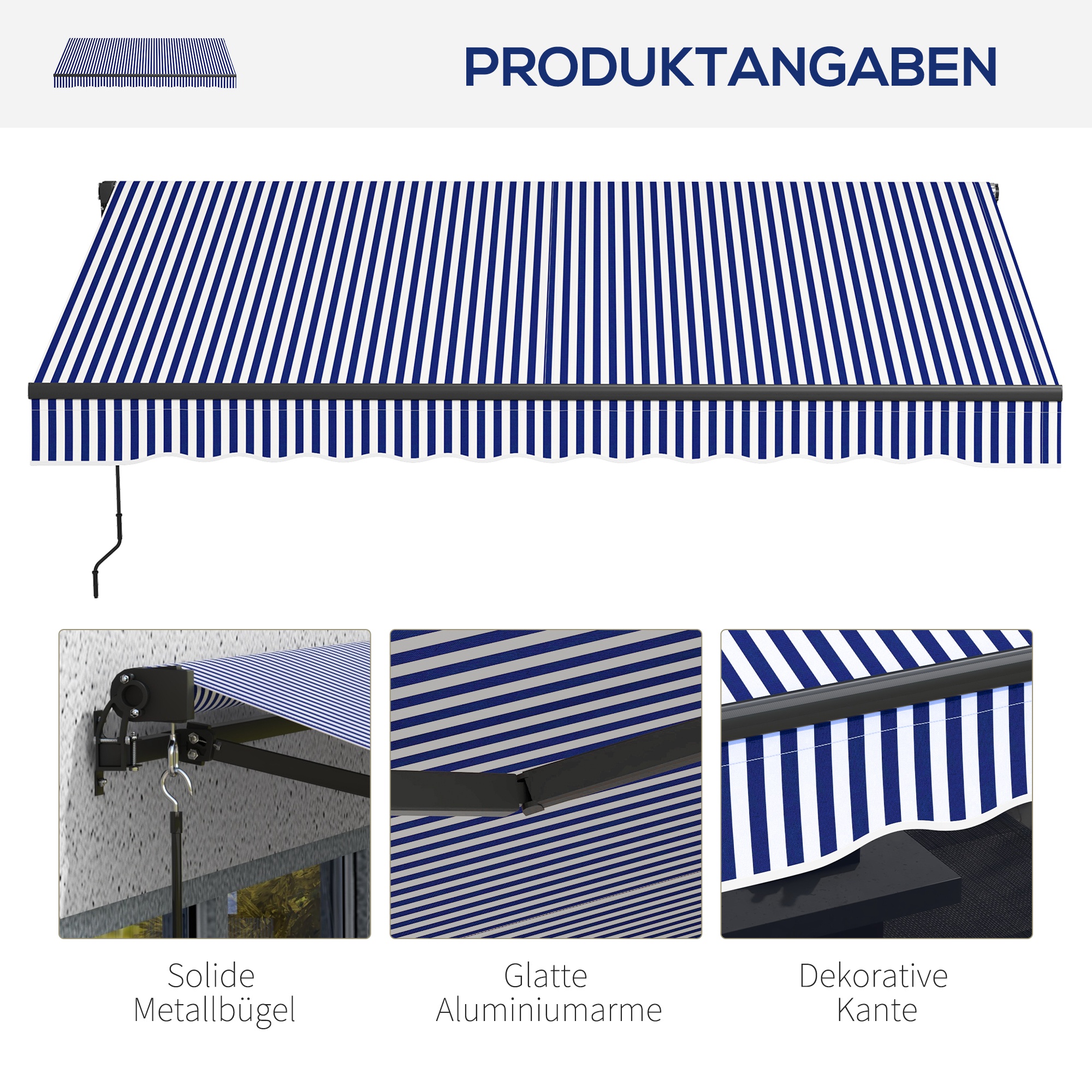Outsunny Zonneluifel Luifel voor Terras, incl. Handkruk, weerbestendig, 247 cm x 295 cm, Blauw + Wit