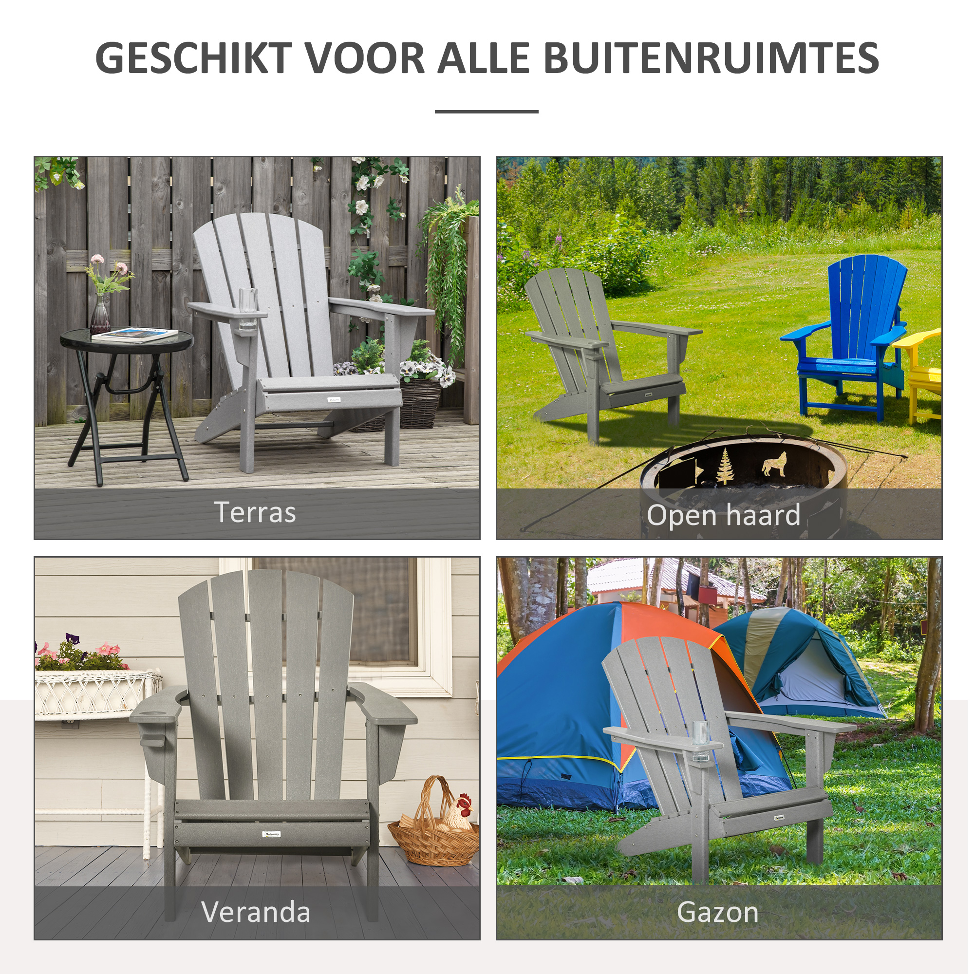 Outsunny Adirondack Stoel Kunststof 75x87x90cm,met Bekerhouder, Grijs