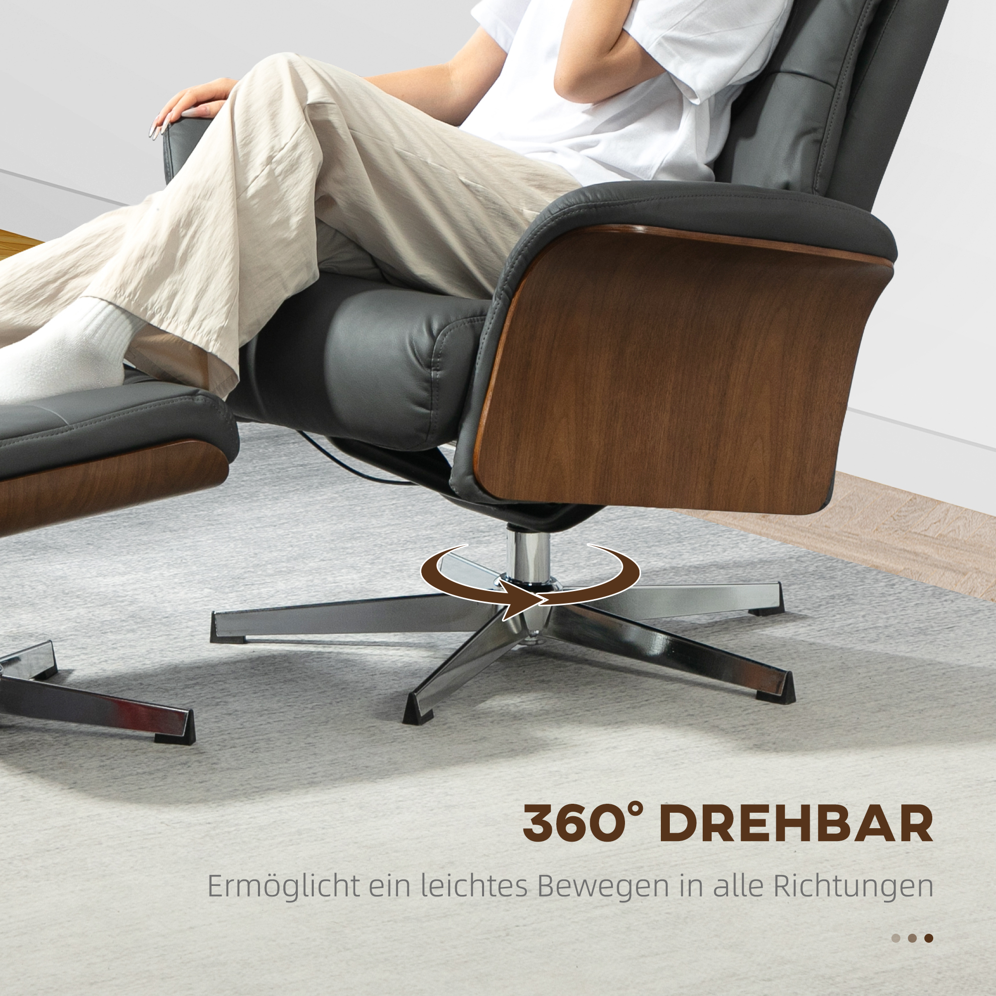 HOMCOM Relaxstoel met kruk, Ligfunctie, Draaibaar, Lederlook, tot 150 kg, Donkergrijs