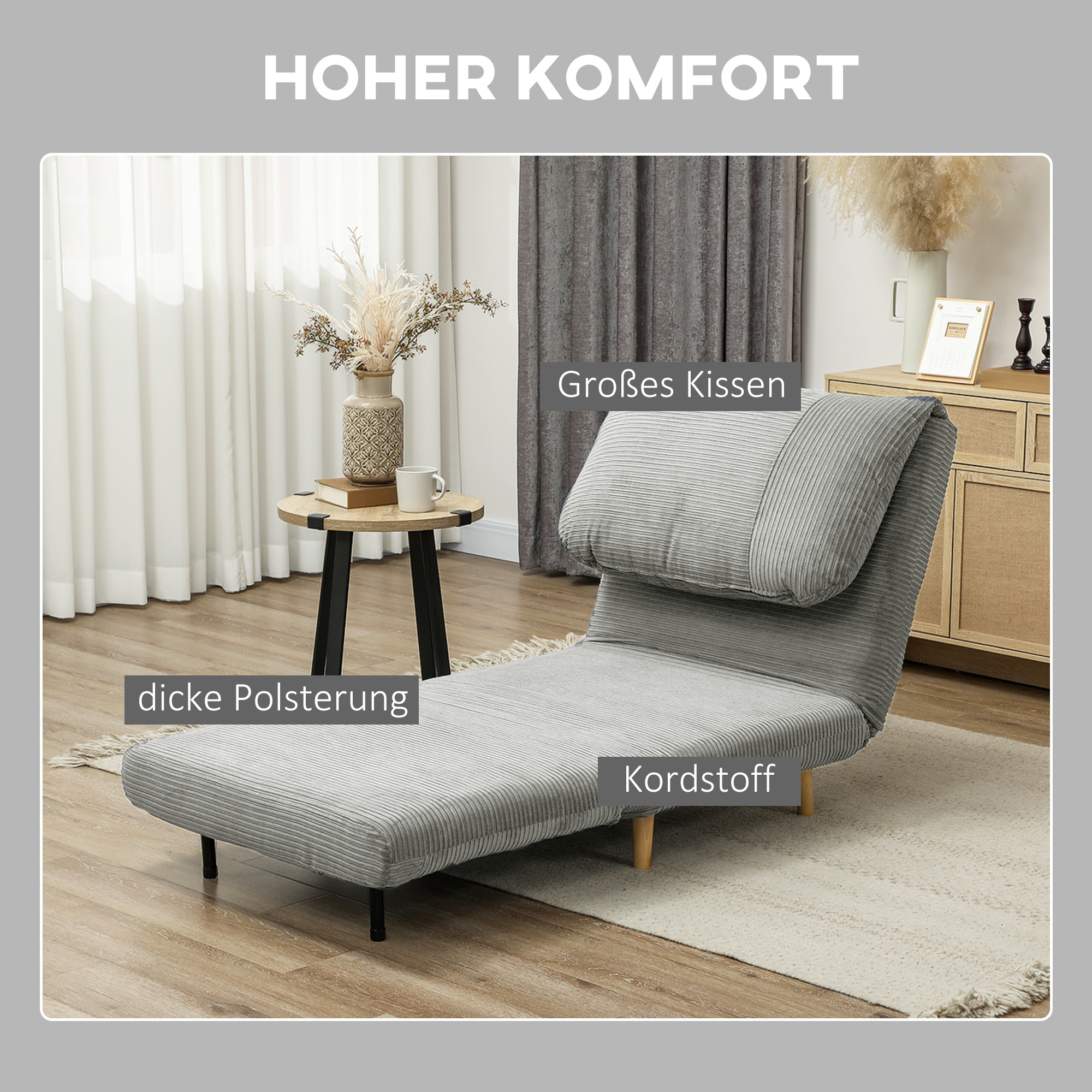 HOMCOM 2-in-1 Slaapstoel Logeerbed, verstelbare hoofdsteun in corduroylook 82 cm x 89 cm x 83 cm Grijs
