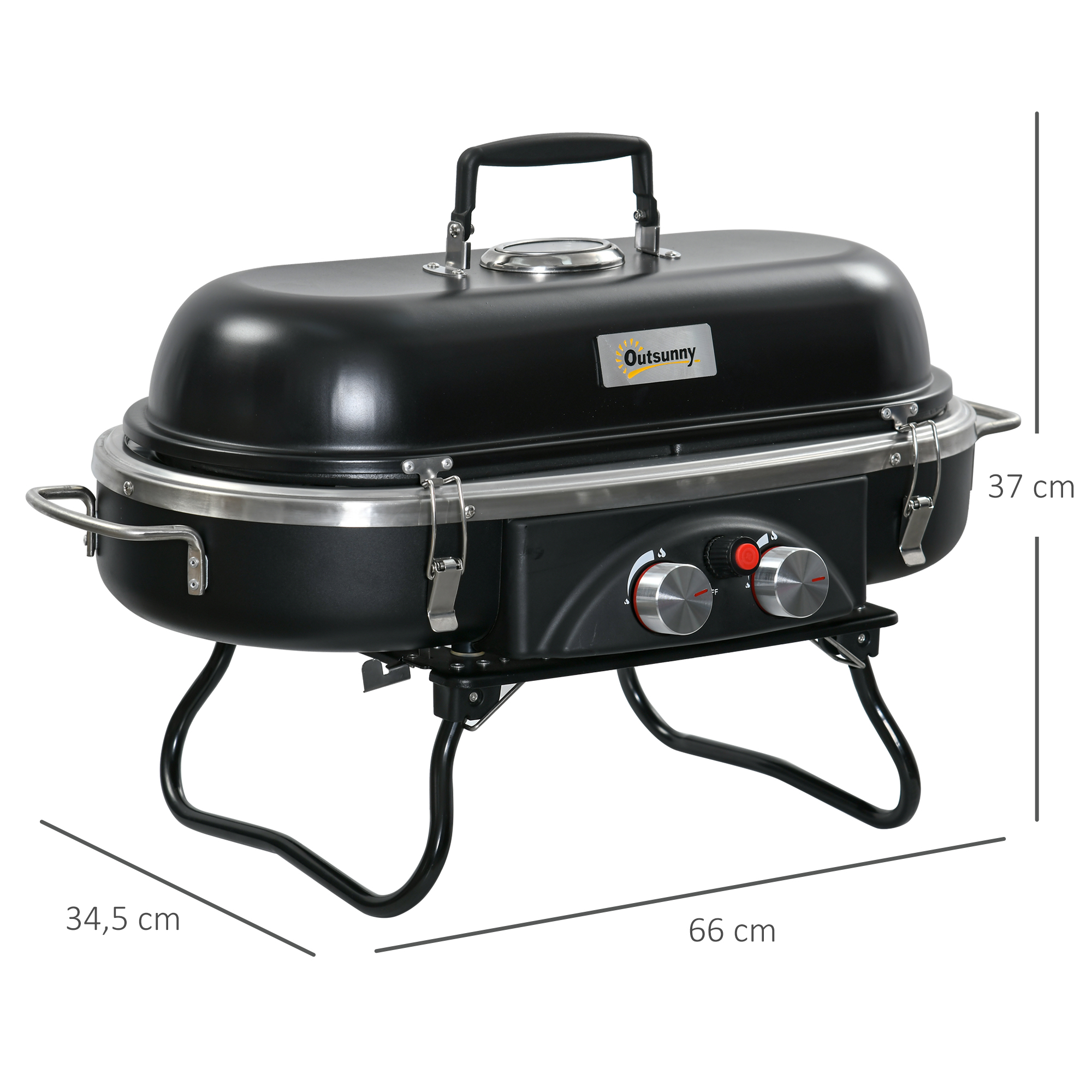 Outsunny Gasbarbecue 2,34 KW Opvouwbaar BBQ Tuinbarbecue incl 2 Roestvrijstalen Branders Drukverminderaar 66 x 34,5 x 37 cm Zwart