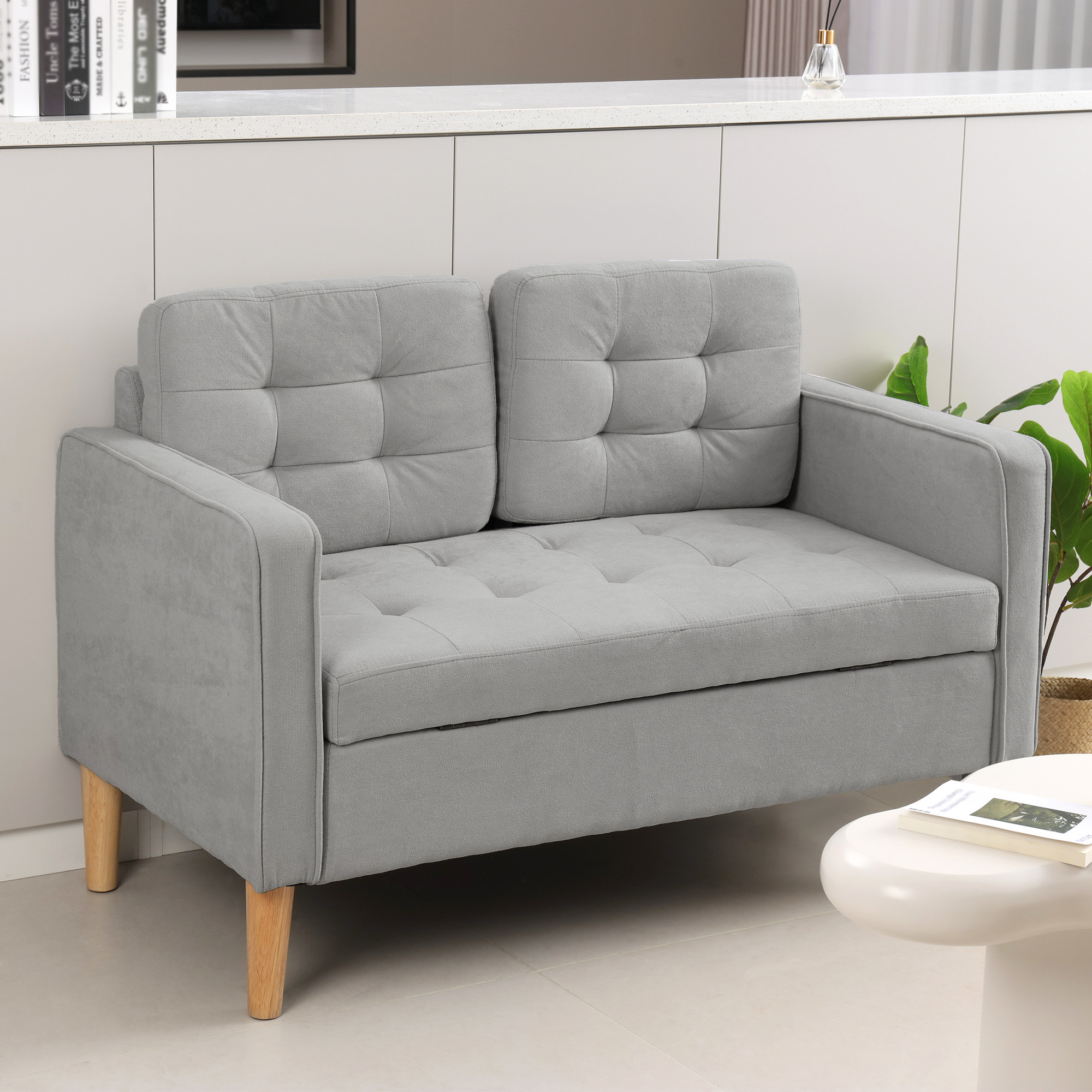 HOMCOM Tweezitsbank met Opbergruimte, Knopen Trekt, Kussens, Rubberhout, 117x62x78cm, Lichtgrijs