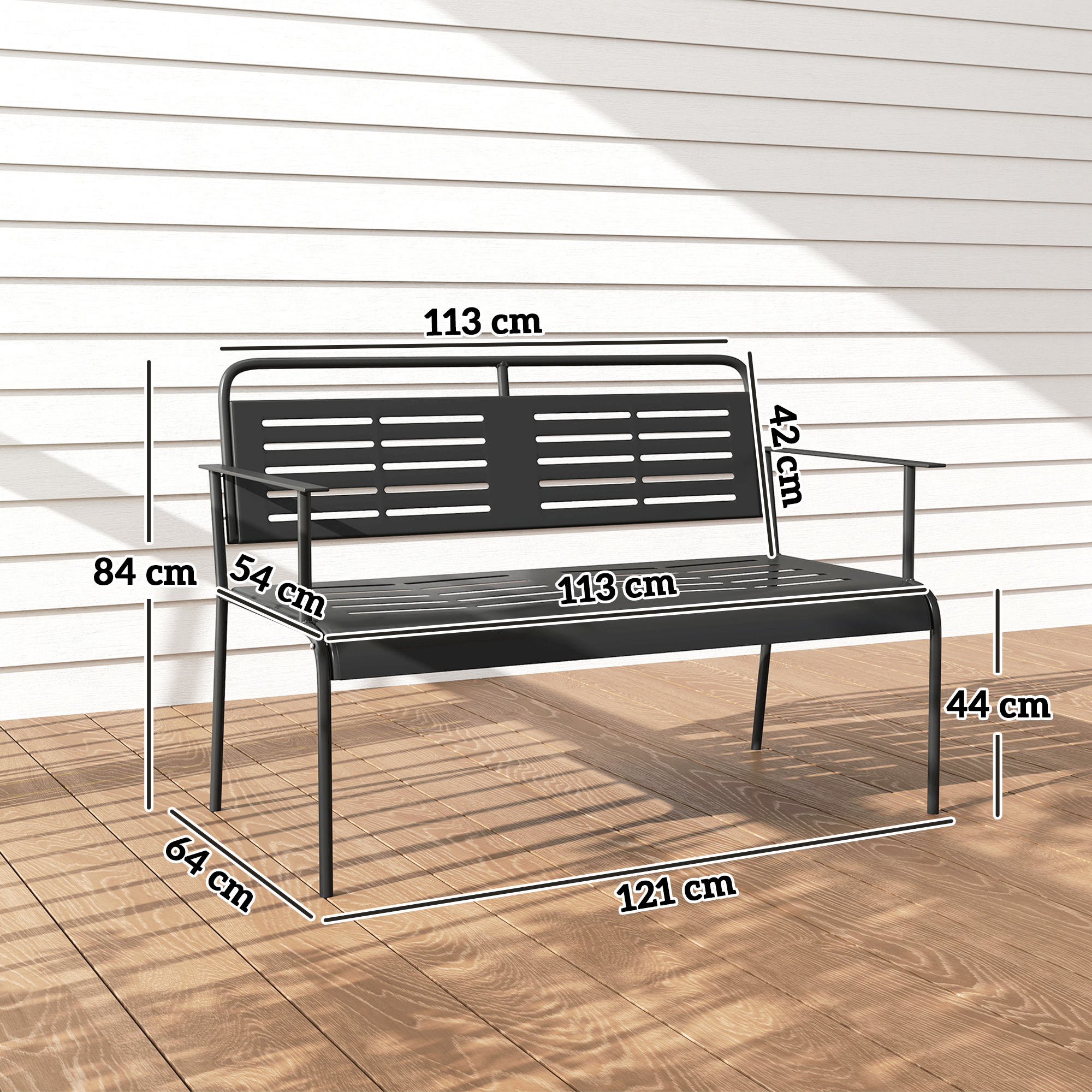 Outsunny 2-Persoons Weerbestendige Tuinbank, Waterbestendige Tuinmeubels met Rug- & Armleuningen 121 x 64 x 84cm, Zwart