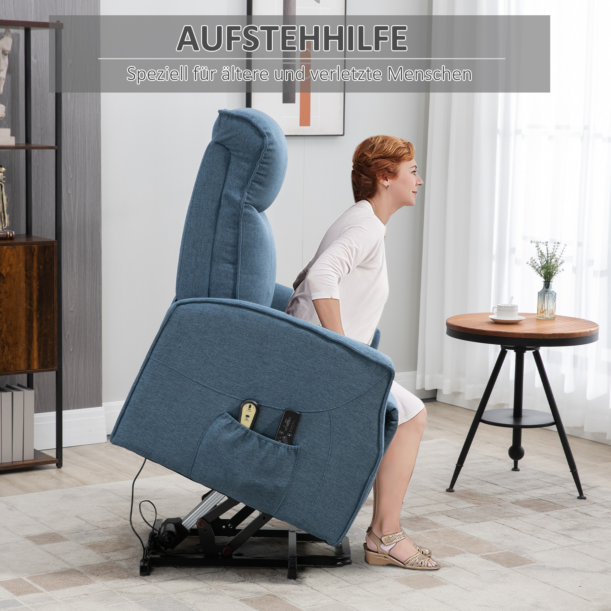 HOMCOM Massagestoel met opsta-hulp, relaxstoel, inclusief afstandsbediening, 1 zijvak, voetensteun, blauw
