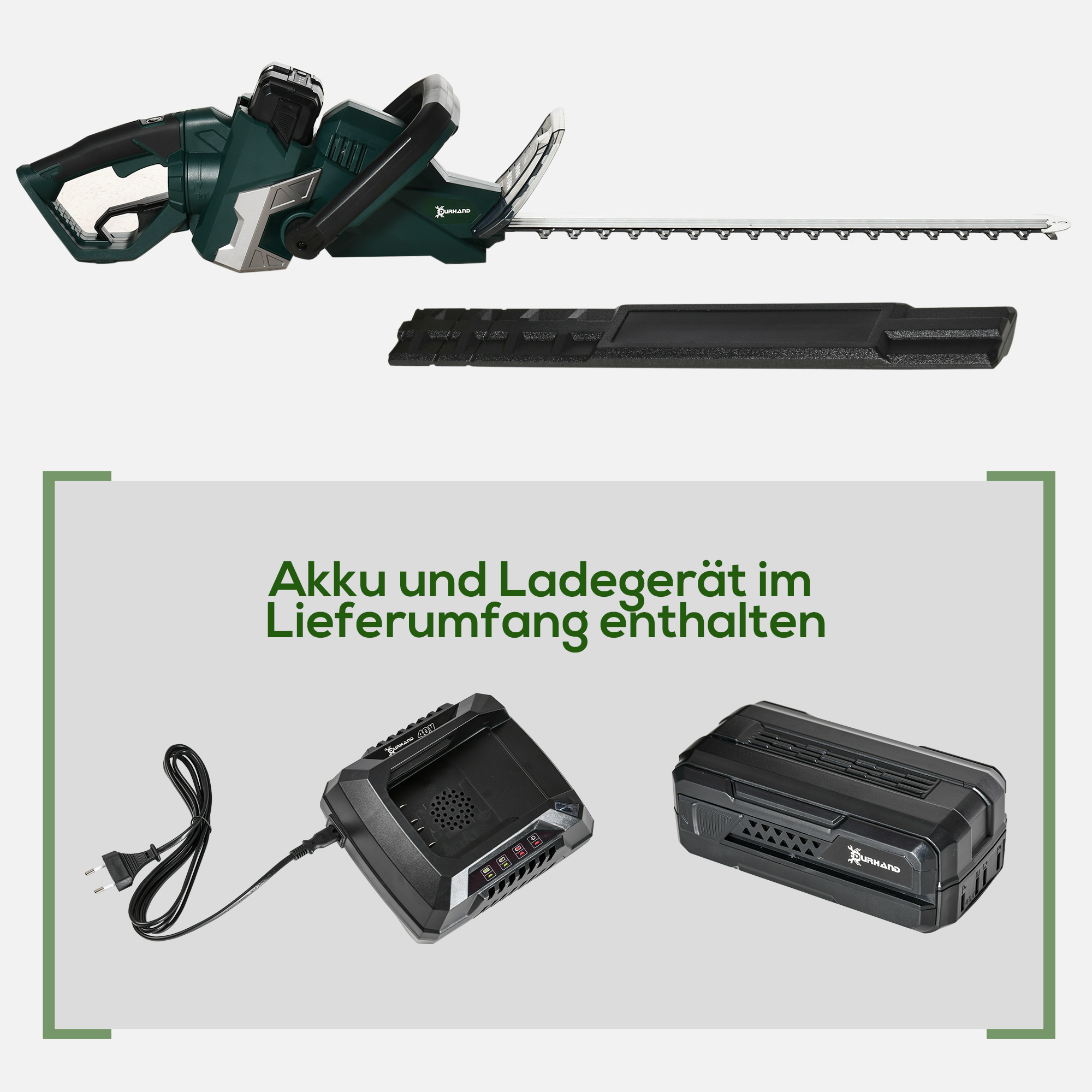 DURHAND Elektrische heggenschaar Snoerloze Elektrische heggenschaar met 350 W motorvermogen Snoerloze 180° draaihendel 52 cm snijlengte Staal ABS Groen + Zwart