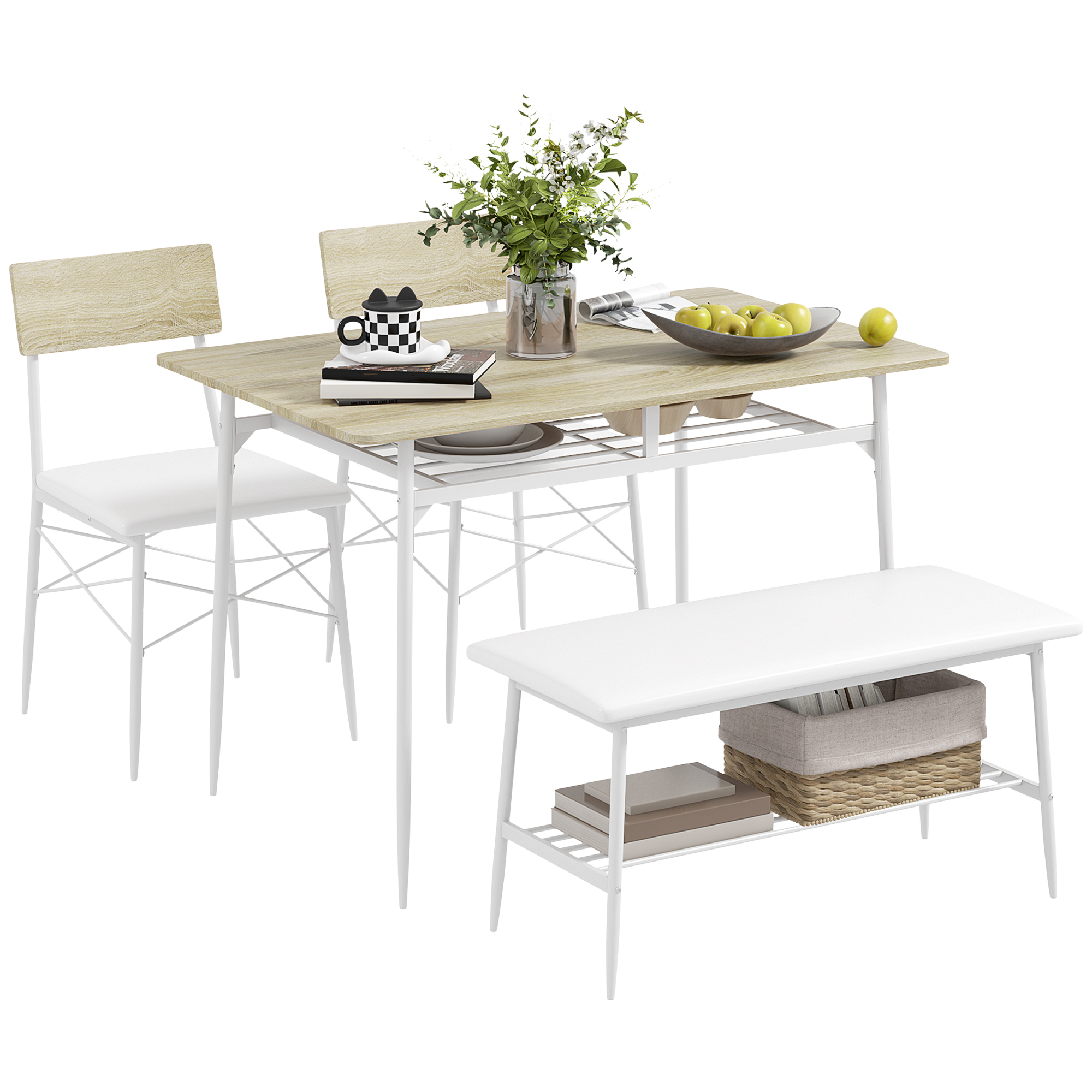HOMCOM 4-delige Eettafelset met Stoelen en Bank voor 4 Personen, Gepolsterde Zittingen, Staalframe, Hout, Wit