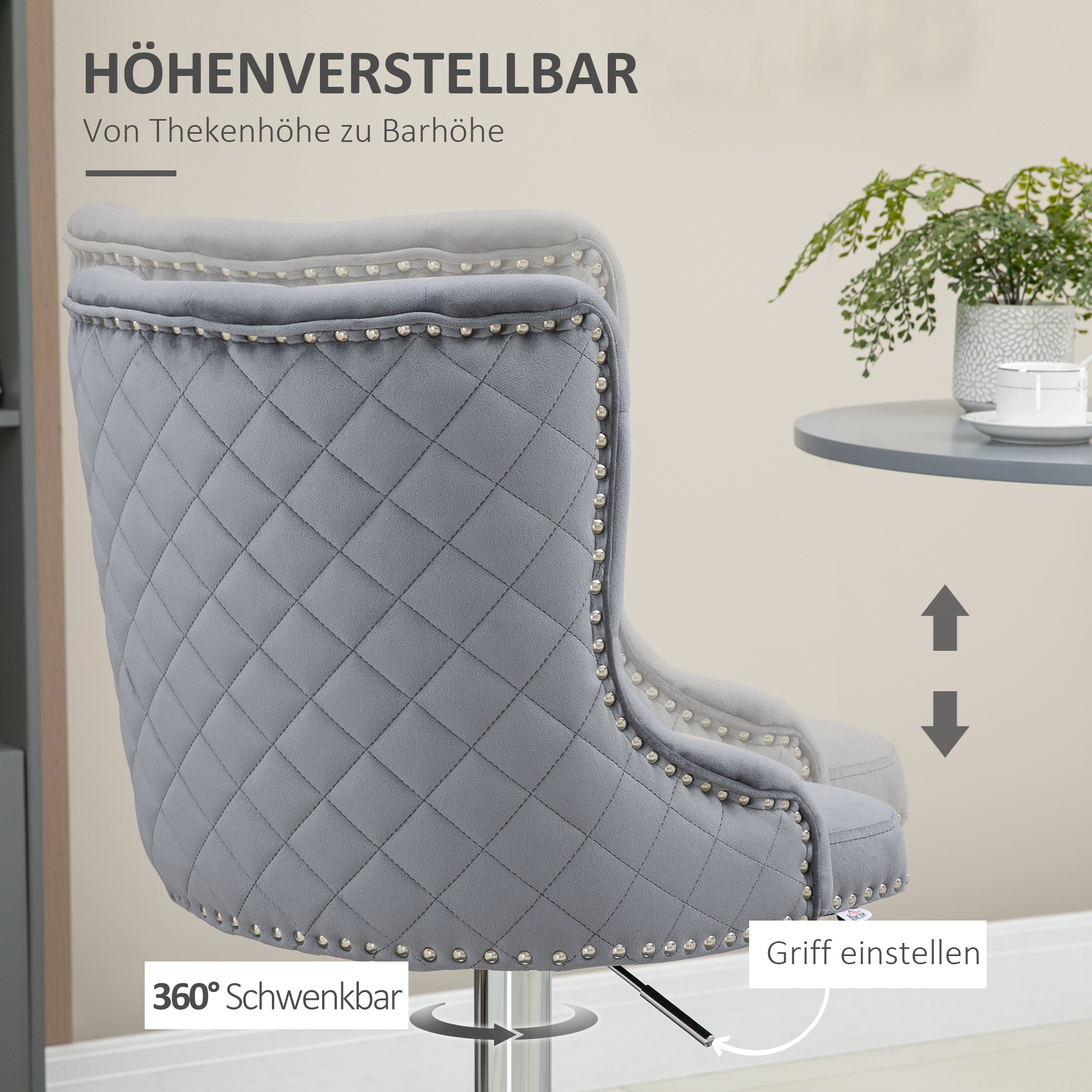 HOMCOM barkruk, kruk, set van 2 stuks, in hoogte verstelbaar, draaibare zitting, voetsteun, staal, grijs, 46 x 55 x 123 cm