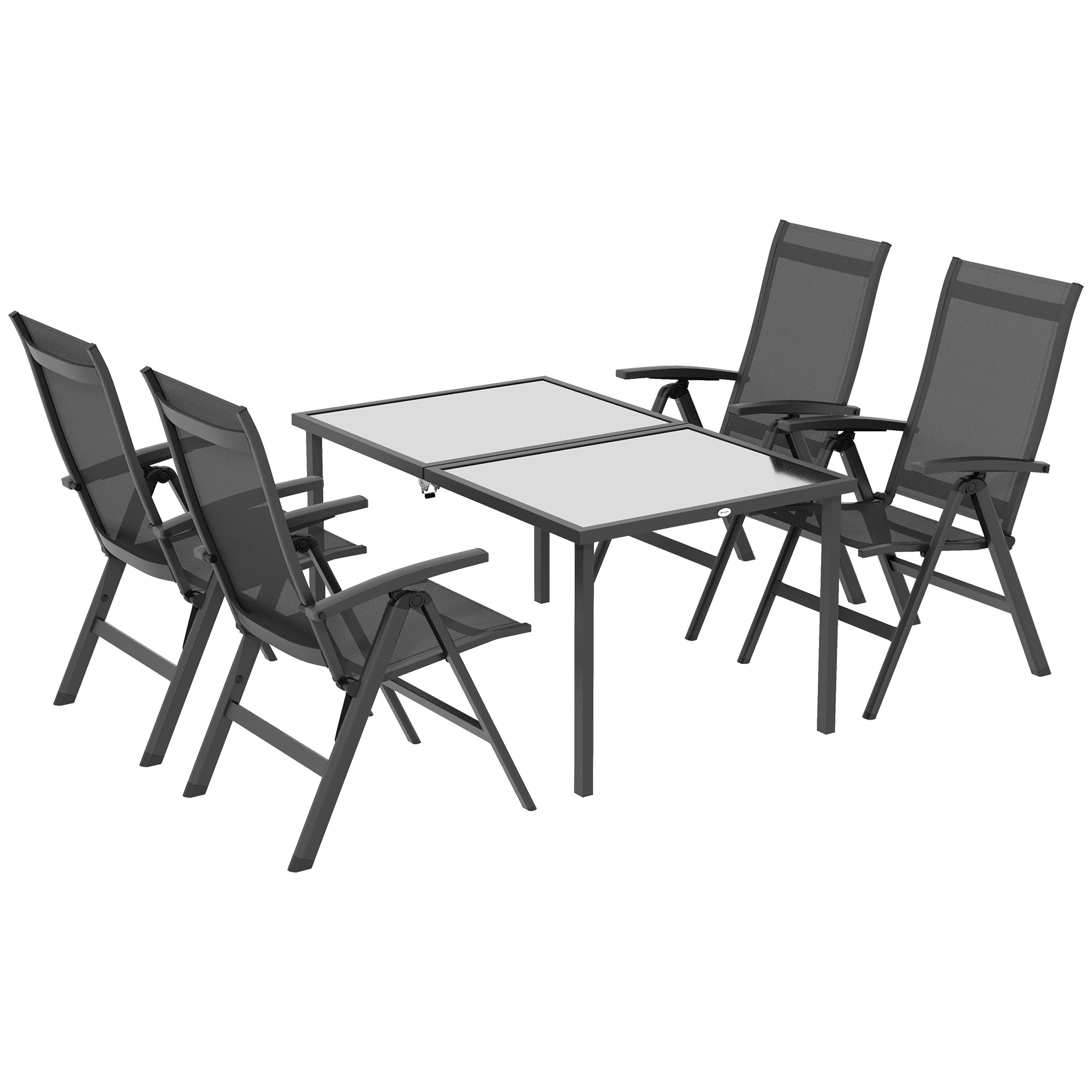 Outsunny Tuinset voor buiten, 4 inklapbare stoelen, tafel met glazen blad, verstelbare rugleuning, aluminium, donkergrijs