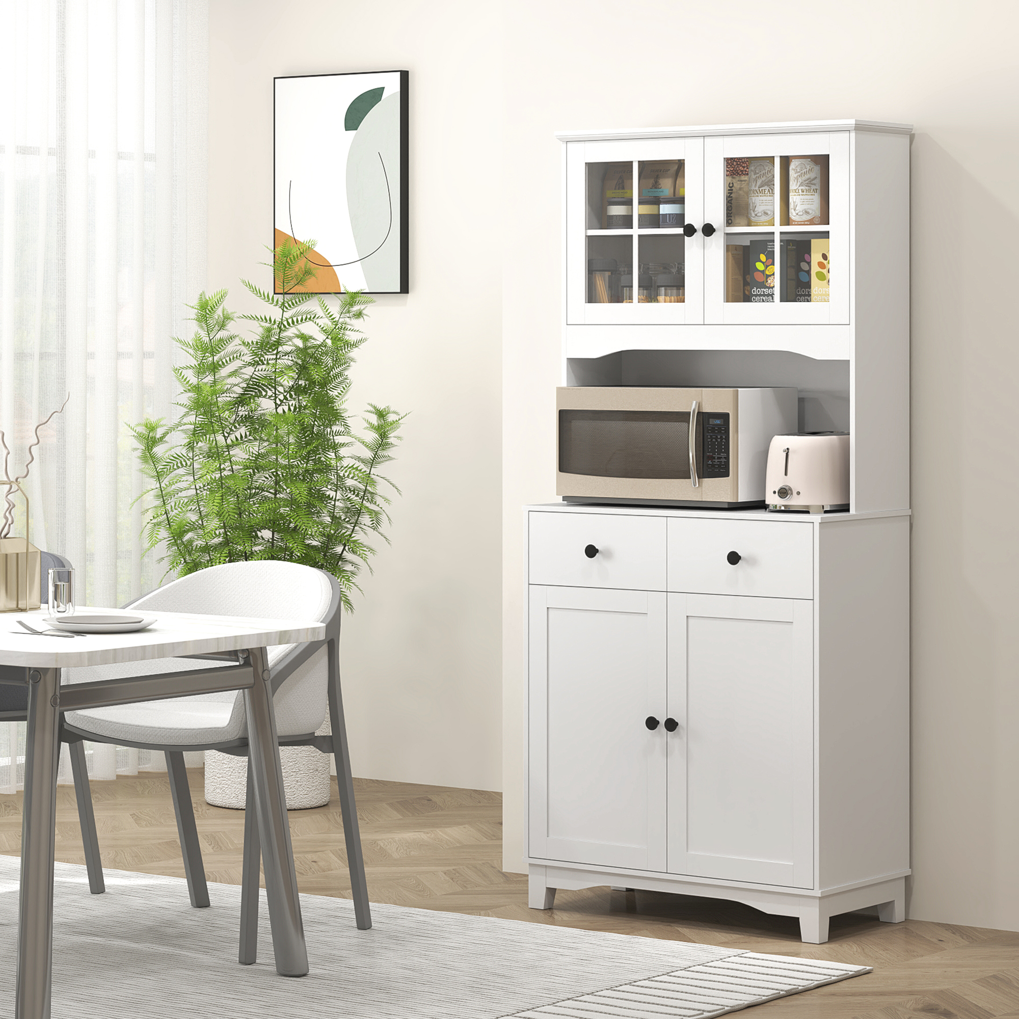 HOMCOM Vrijstaande Keukenkast met Werkblad voor Magnetron, Koffiezetapparaat, Kasten, Glazen Deuren, Wit