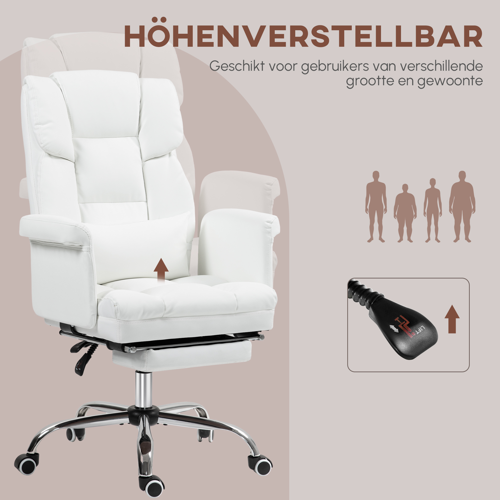 HOMCOM Ergonomische Bureaustoel, In Hoogte Verstelbaar 48-56 cm, Kantelbare Rugleuning, Voetsteun, Wit