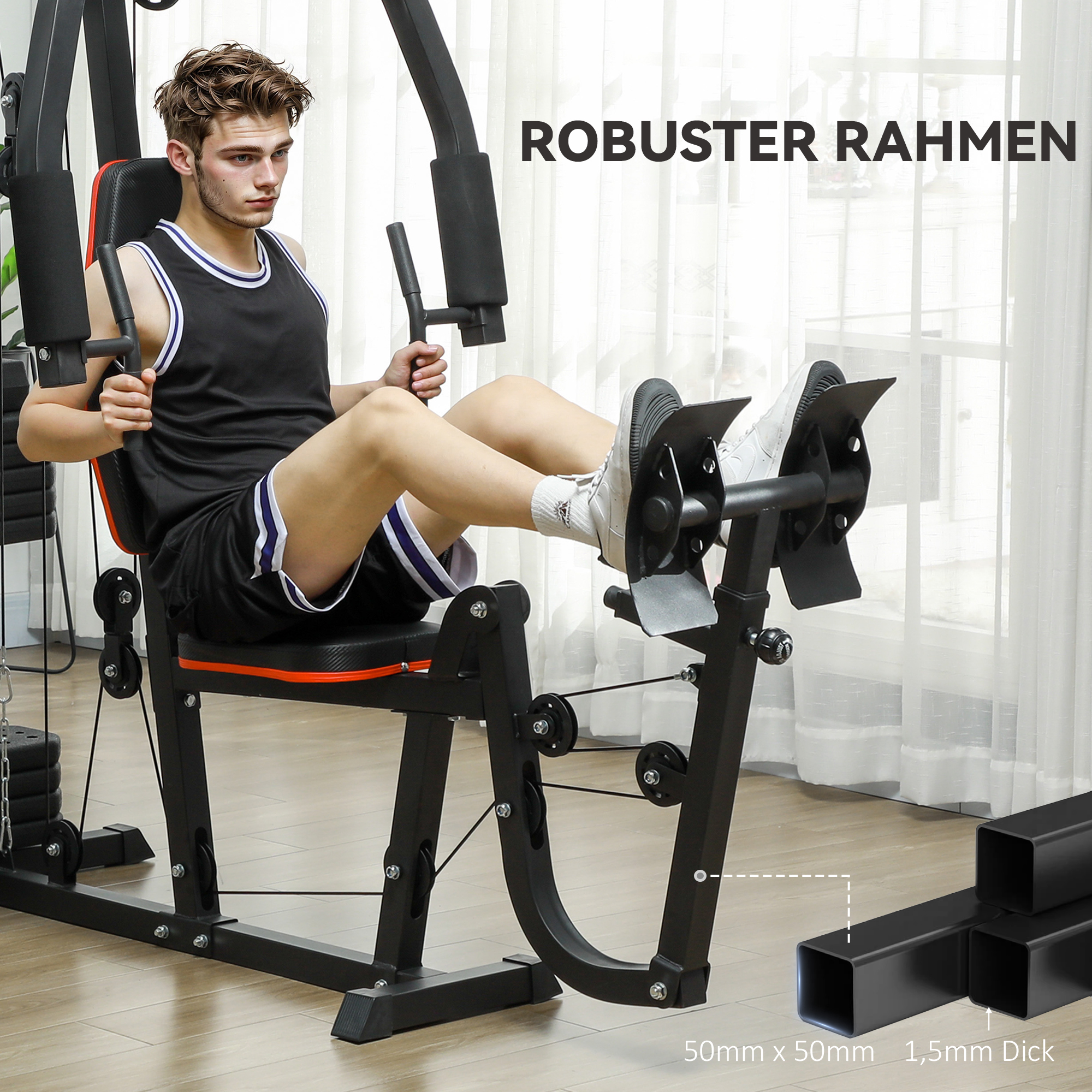 SPORTNOW Thuis Fitnessstation met 45 kg Gewichtsblokken, Lat Pulley, Borststation, Beinpresse voor Veelzijdige Training