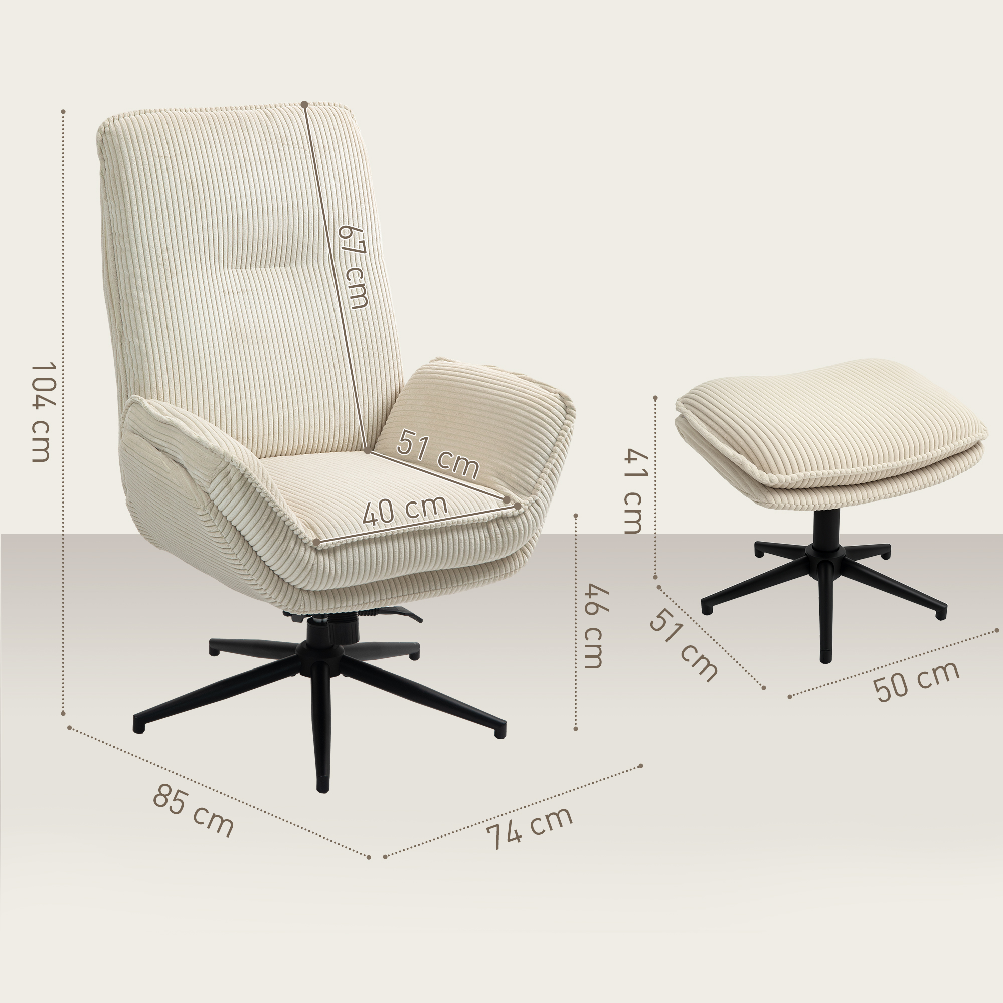 HOMCOM Draaibare Gestoffeerde Fauteuil met Voetenbank, Modern Relaxfauteuil voor Woonkamer, Slaapkamer, Thuiskantoor, Beige