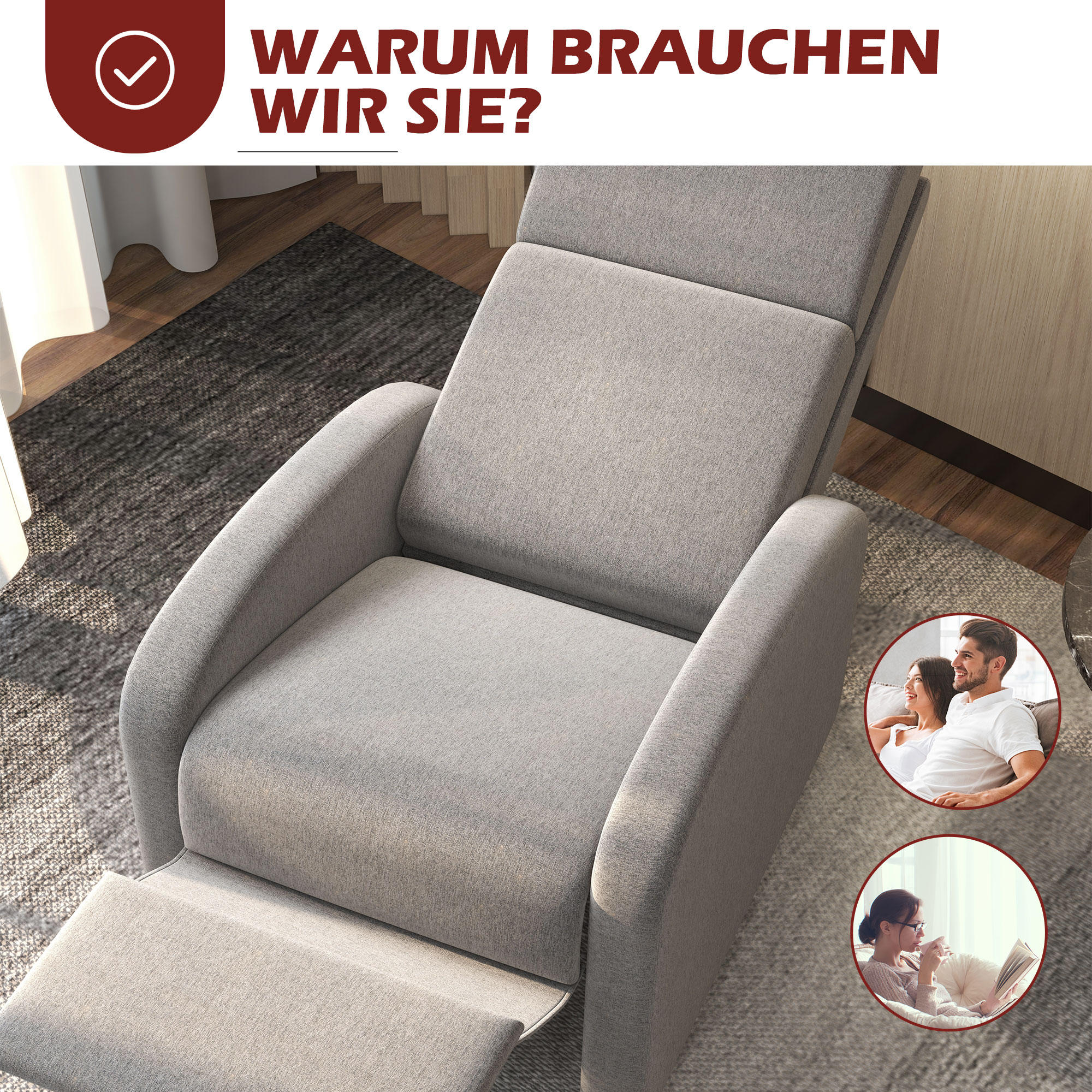 HOMCOM Relaxstoel TV-stoel, uitklapbare voetensteun, kantelbaar tot 160°, 64 x 86 x 102 cm, Grijs