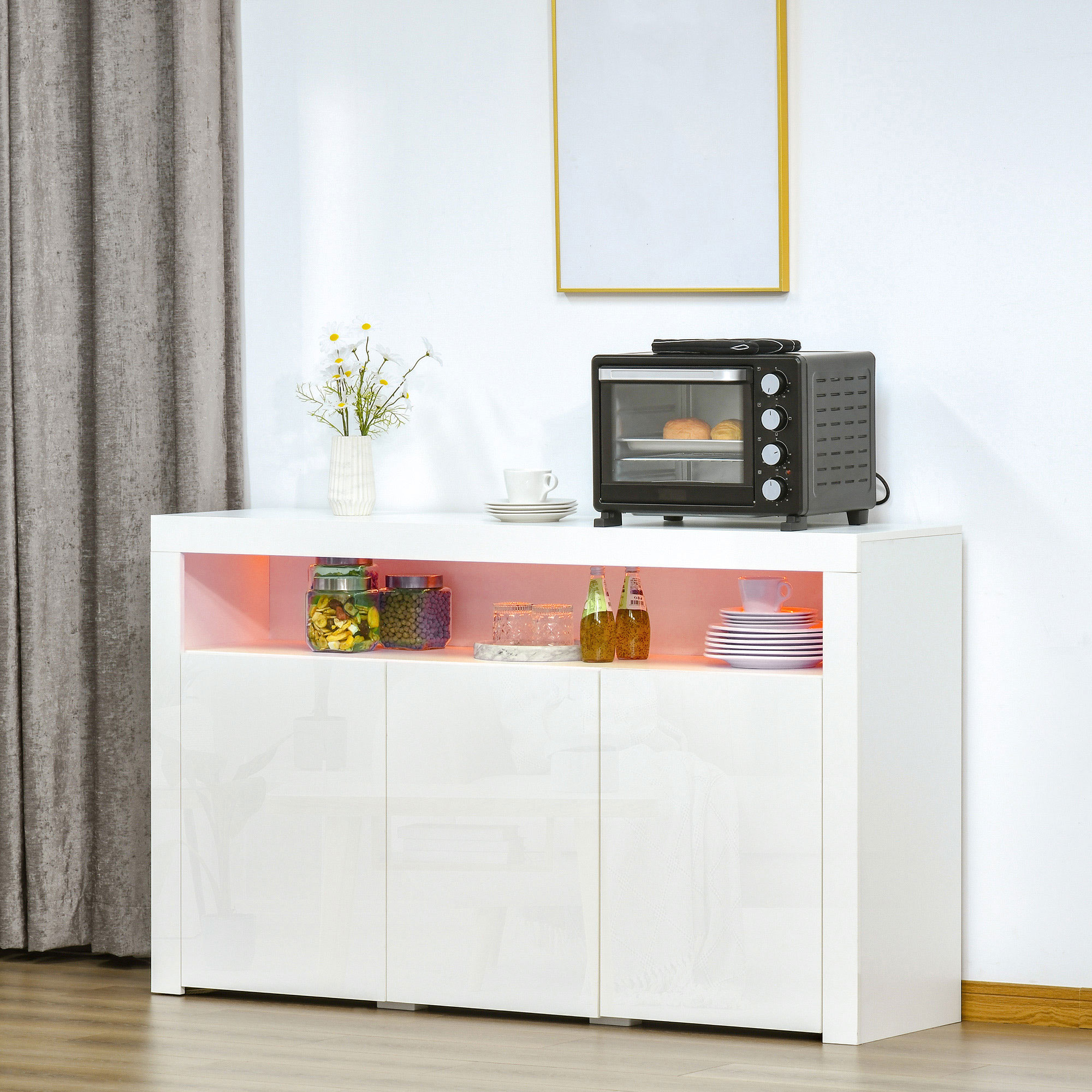 HOMCOM dressoir hoogglans voorraadkast keukenkast met led-verlichting en glazen plank voor entree eetkamer woonkamer Materiaal MDF en spaanplaat wit 97 x 35 x 83 cm