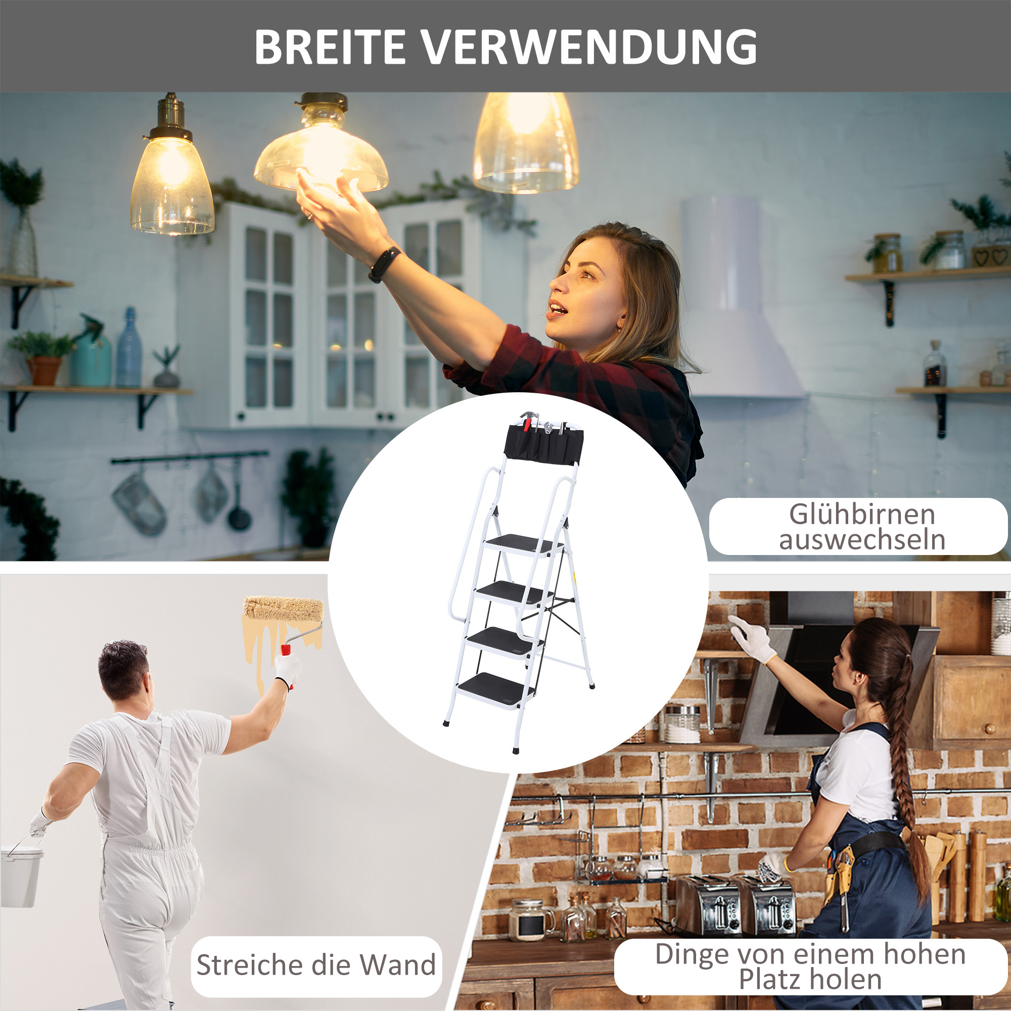 HOMCOM Opvouwbare huishoudtrap met gereedschapshouder, leuning, 50 x 83 x 155 cm, zwart + zilver