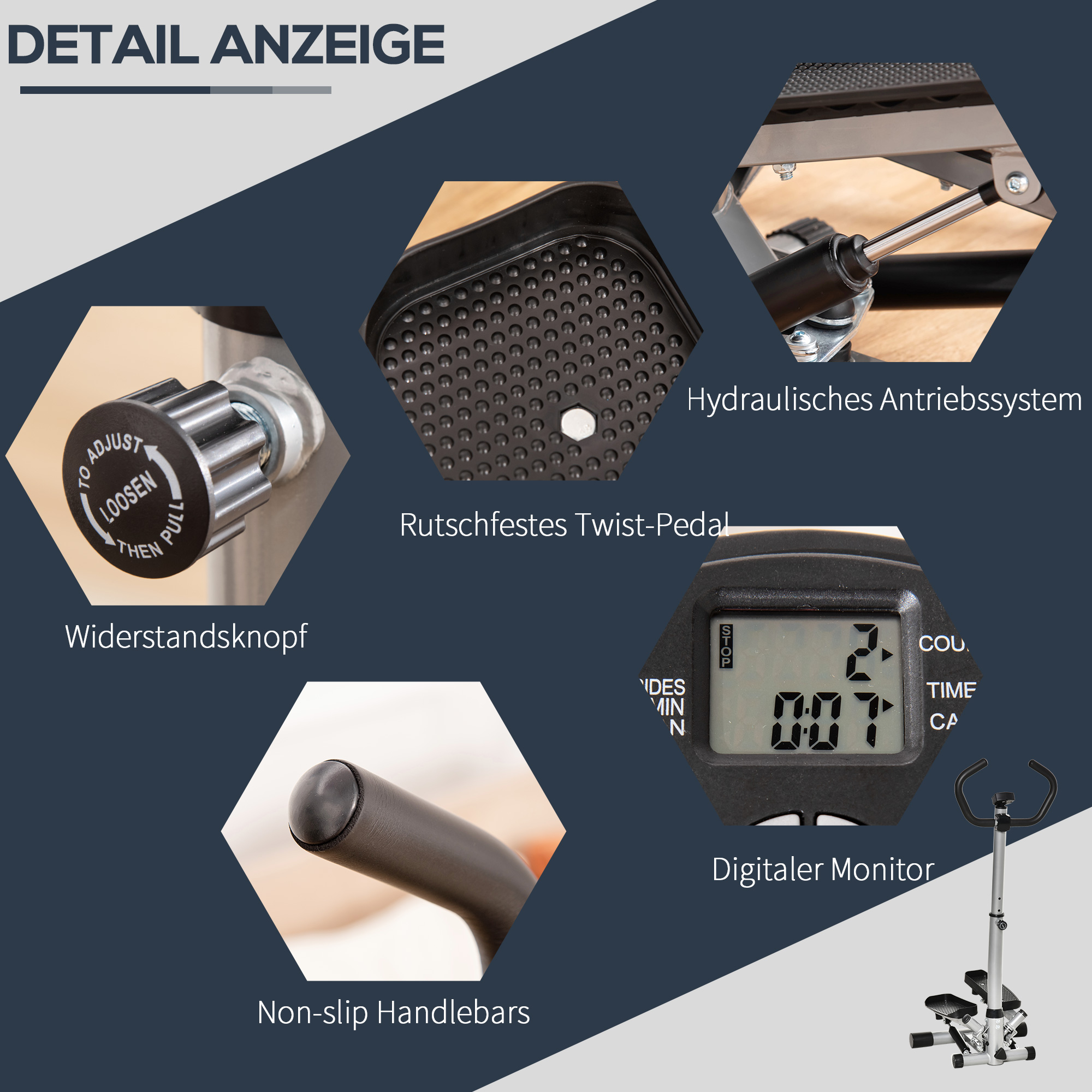 HOMCOM stepper met handvat fitness hometrainer voor thuis, klein fitnessapparaat voor been- en bodemtraining met LCD-scherm, instelbare snelheid Metaal ABS Zwart + Zilver 55 x 53 x 118-128 cm