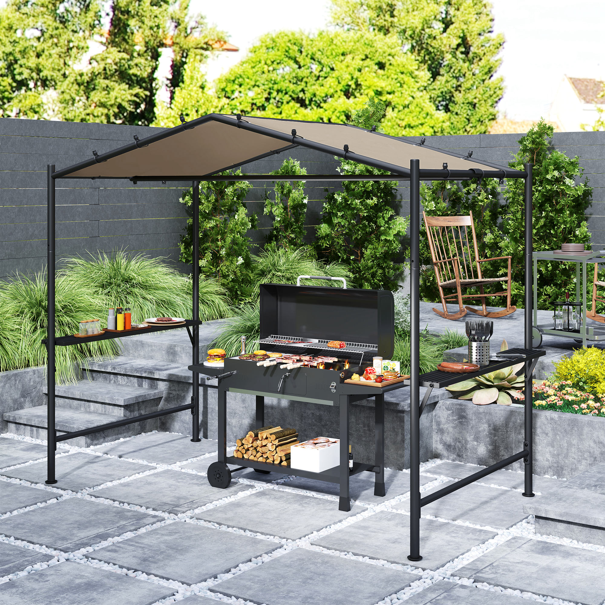 Outsunny Grilltent Grilldak, weerbestendig, incl. Zijplanken, 277 x 149 x 230 cm, Khaki