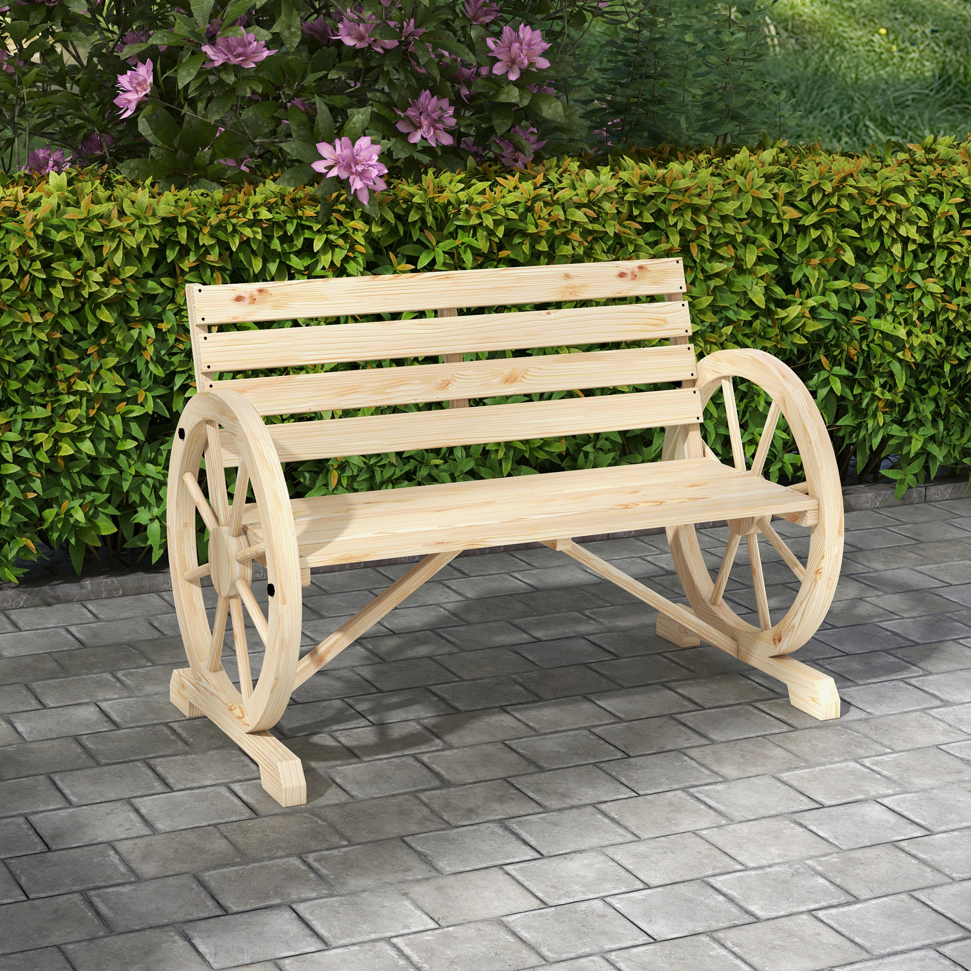Outsunny Tuinbank, Wagenwiel-ontwerp, voor 2 personen, natuurlijk hout, donkerbruin, 105,5 x 56 x 79 cm, Natuurlijk