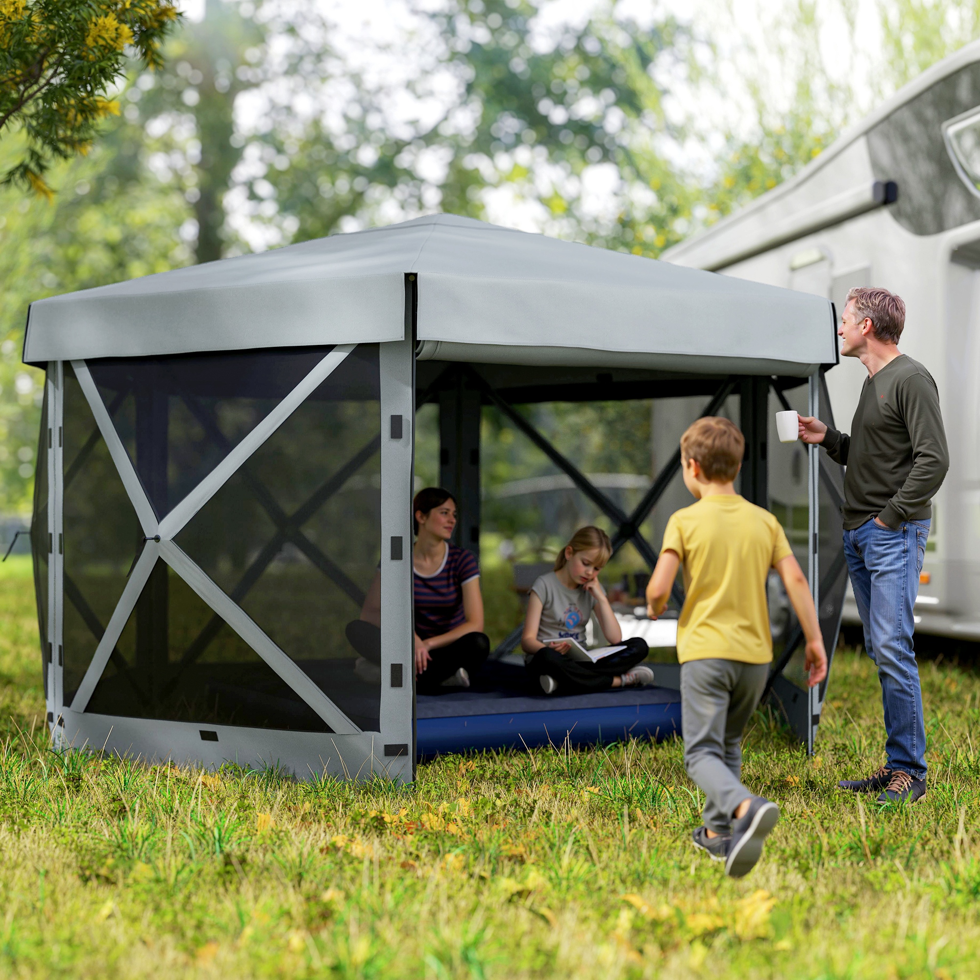 Outsunny Tuin-Paviljoen, Tuintent met 5 Gaaswanden en Draagtas, Waterdicht, UV-bestendig, Partytent, Lichtgrijs