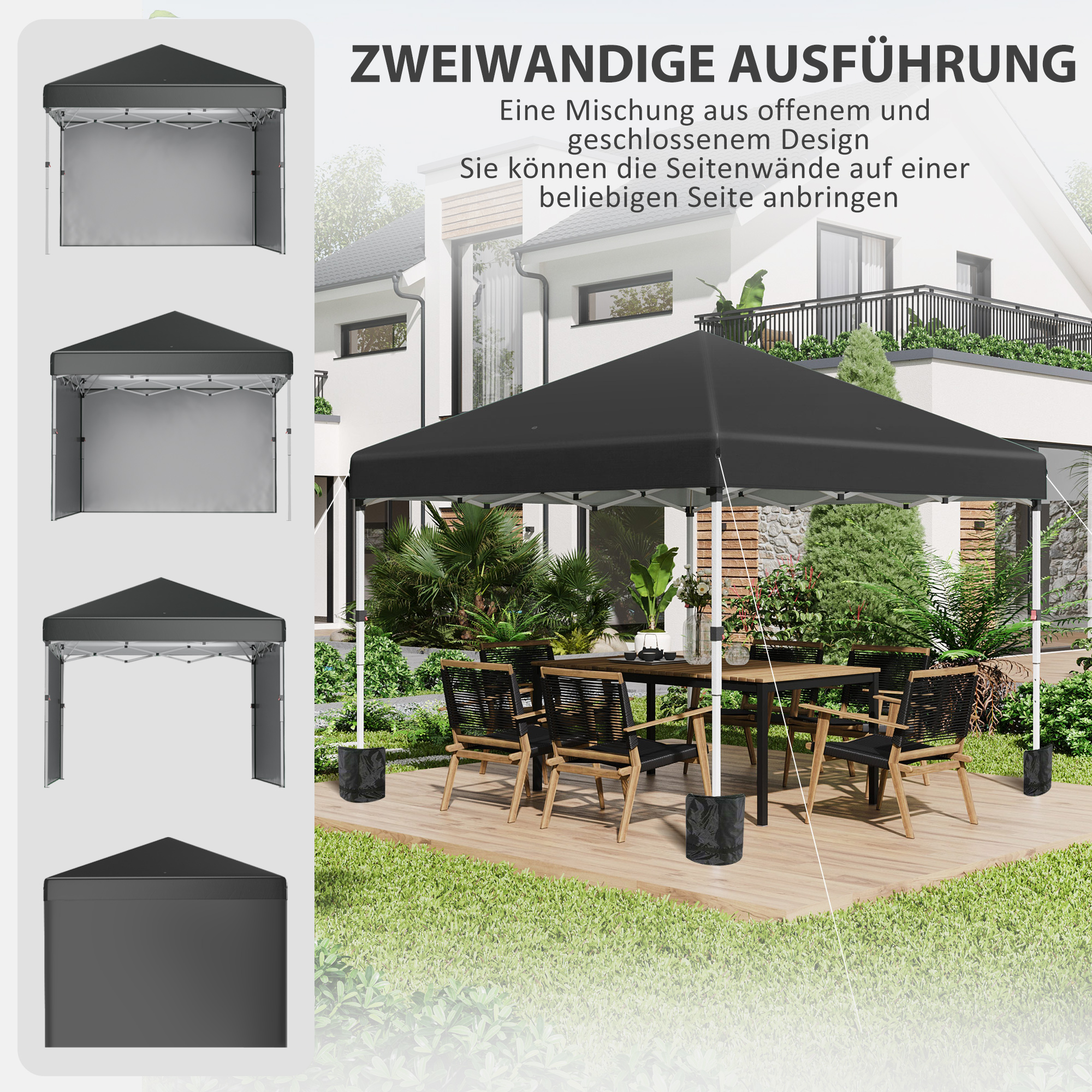 Outsunny Opvouwbare paviljoen met 2 zijwanden, verstelbare hoogte, inclusief draagtas, roestvrij stalen frame, 3x3 m, Zwart