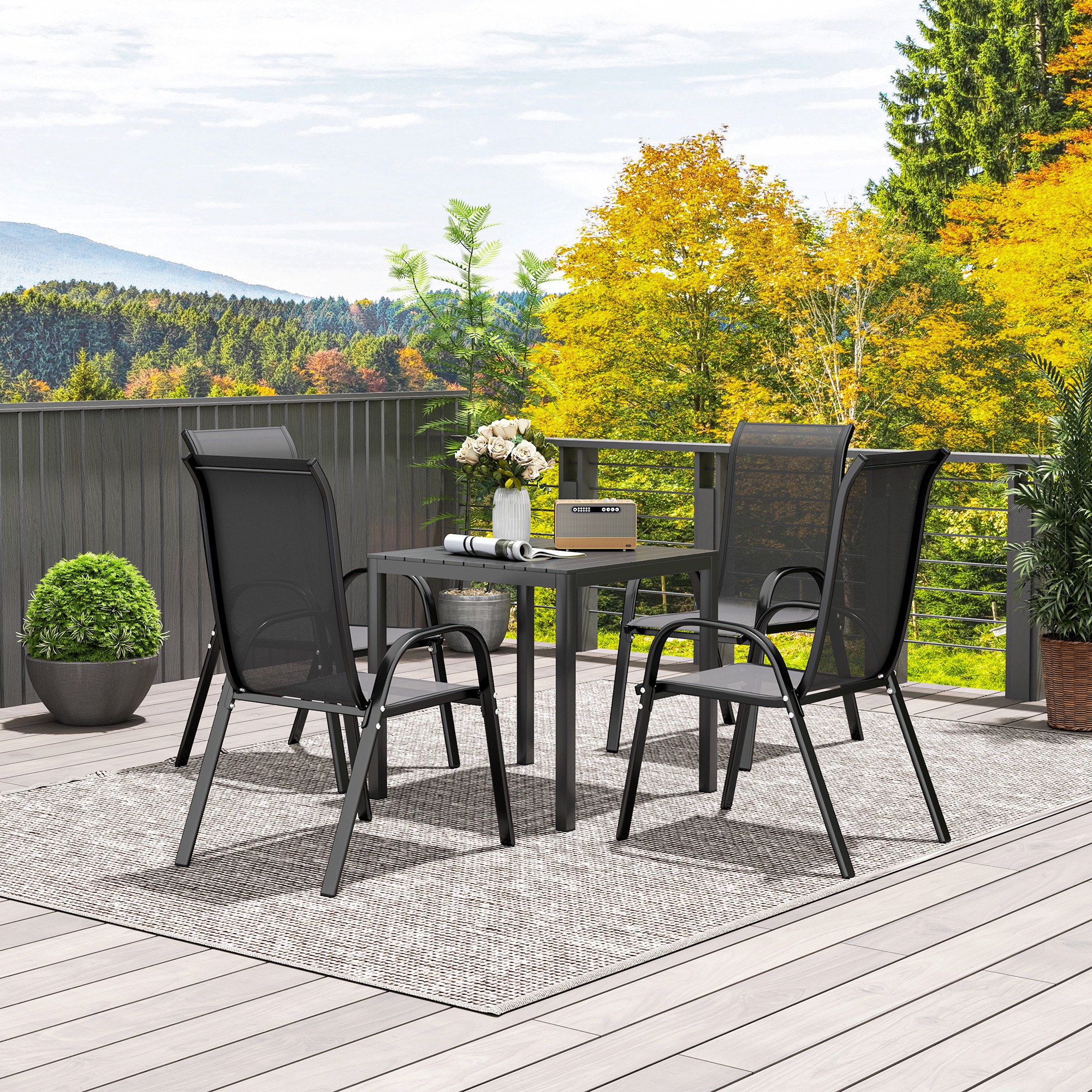 Outsunny Tuintafel Aluminium 73x73 cm Weerbestendig Buffettafel met Houtlook, Campingtafel voor 4 Personen Zwart