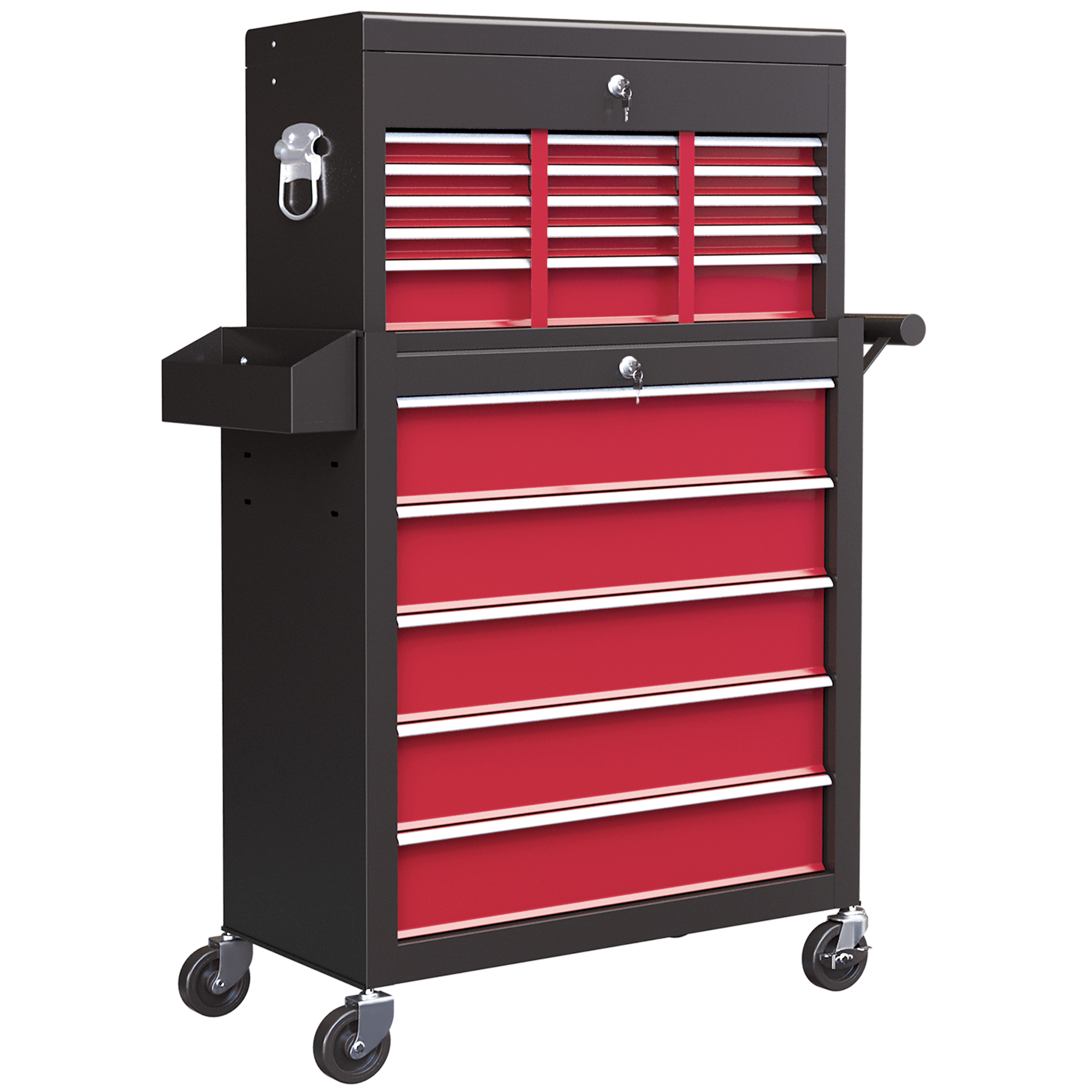 HOMCOM Gereedschapswagen, Tweedelig, Afsluitbaar, 14 Laden, Zijwand met Gaten, Staal, Rood