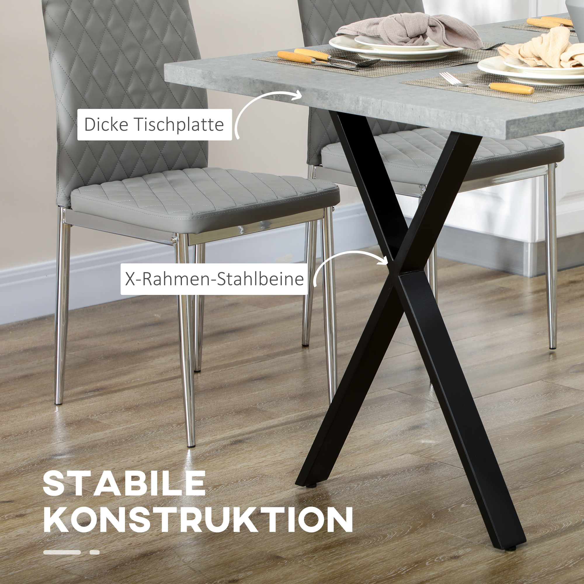 HOMCOM Eettafel, keukentafel, tafelblad met steeneffect, stalen poten, 140 x 80 x 76 cm