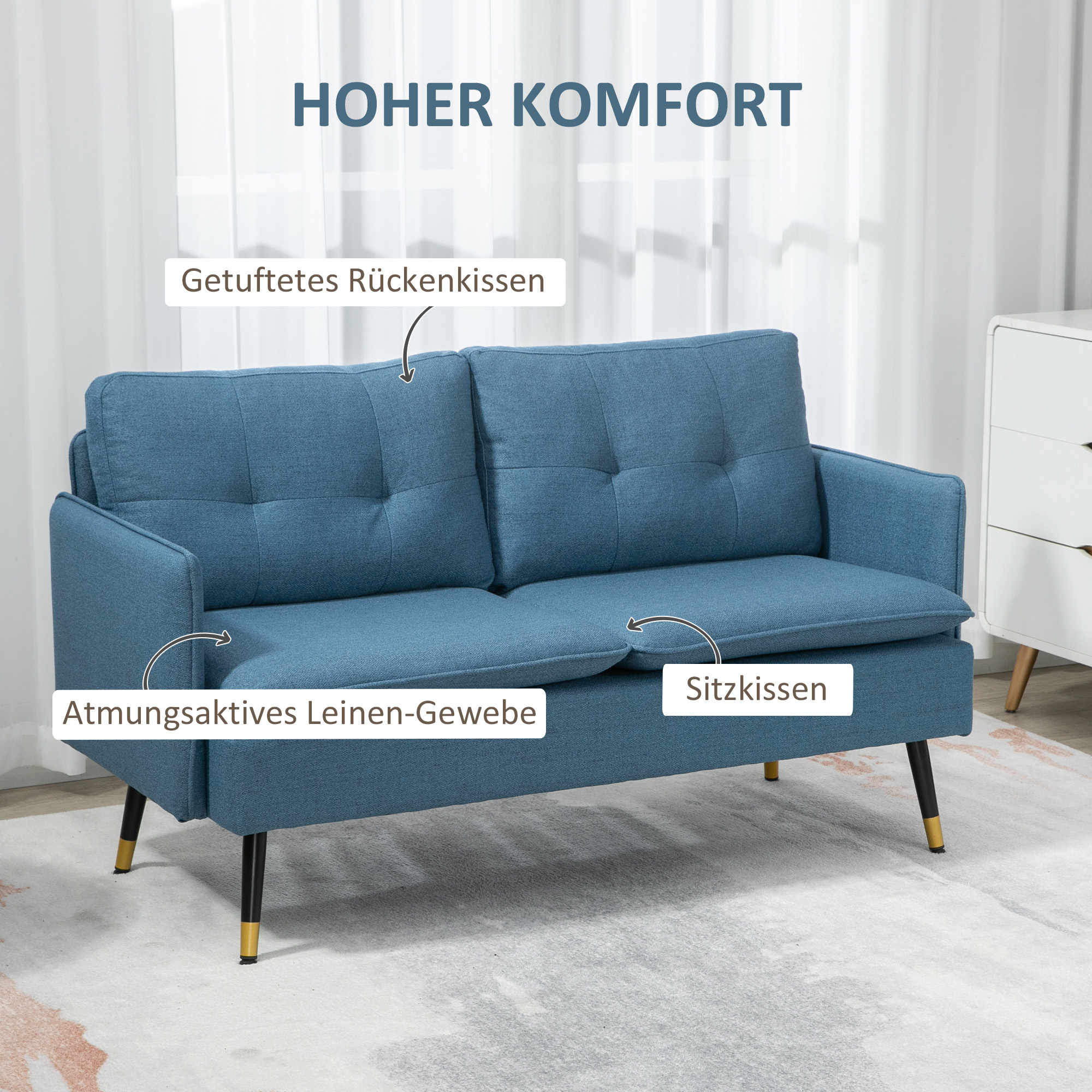 HOMCOM Retrodesign Tweezitsbank met Knoopstiksel, Sofa in Linnenlook, Donkerblauw