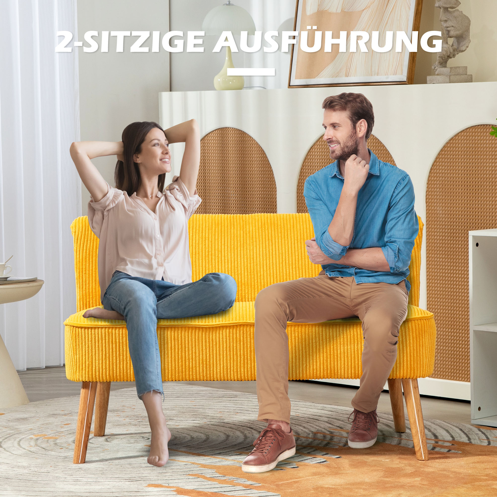 HOMCOM Tweezitsbank in elegant Scandinavisch ontwerp, stevig houten frame, tot 150 kg, 117 x 56,5 x 77 cm, Geel