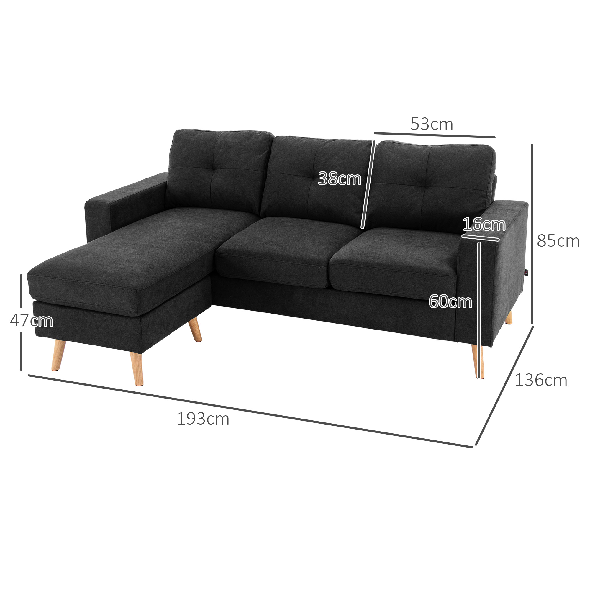 HOMCOM 3-zits hoekbank, linnenlook, omkeerbare chaise longue, 193x136x85 cm, zwart