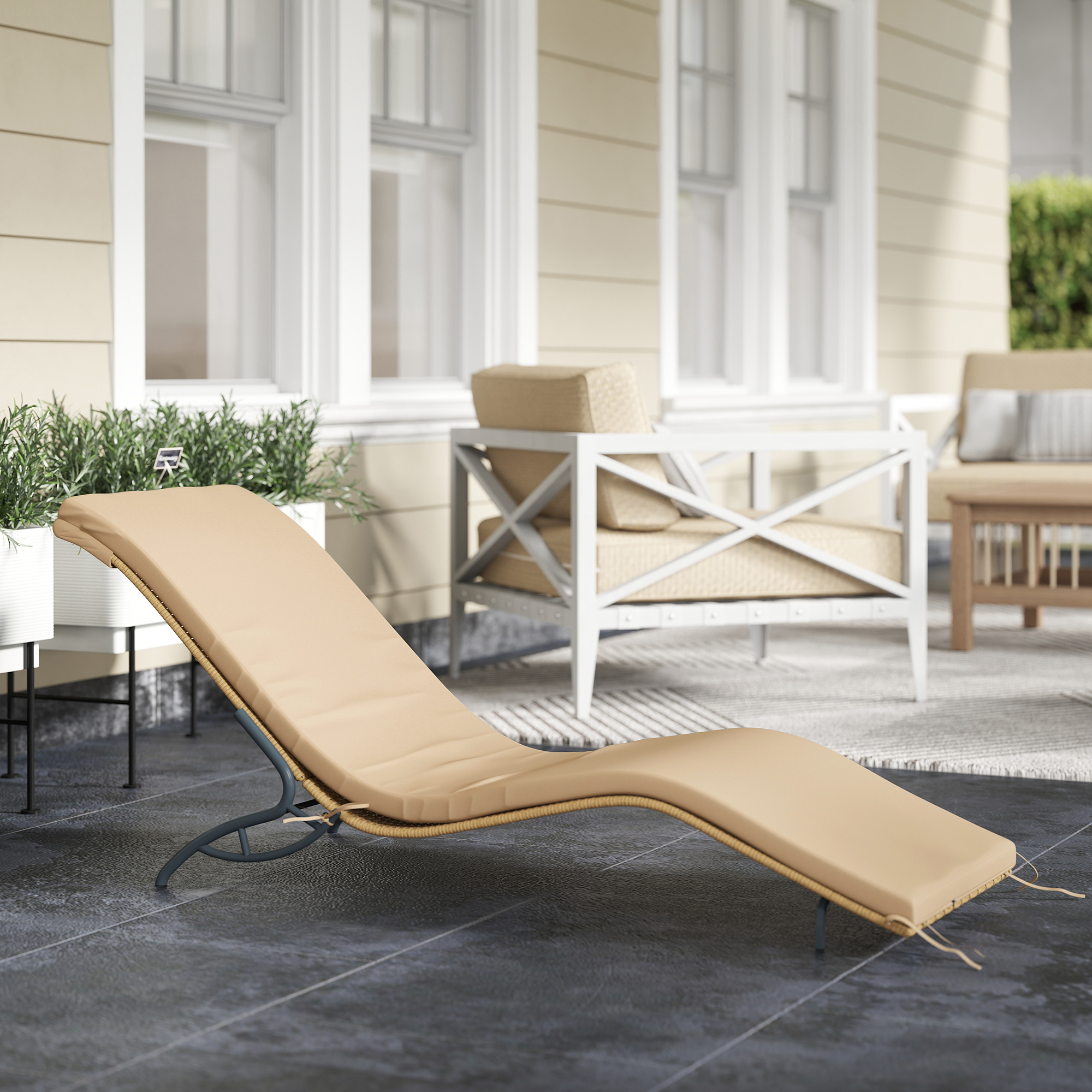 Outsunny Zonnebed Polyrattan Tuinbed met Kussen, Weerbestendig Ligbed 120 kg Draagvermogen 166 x 63 x 76 cm Beige