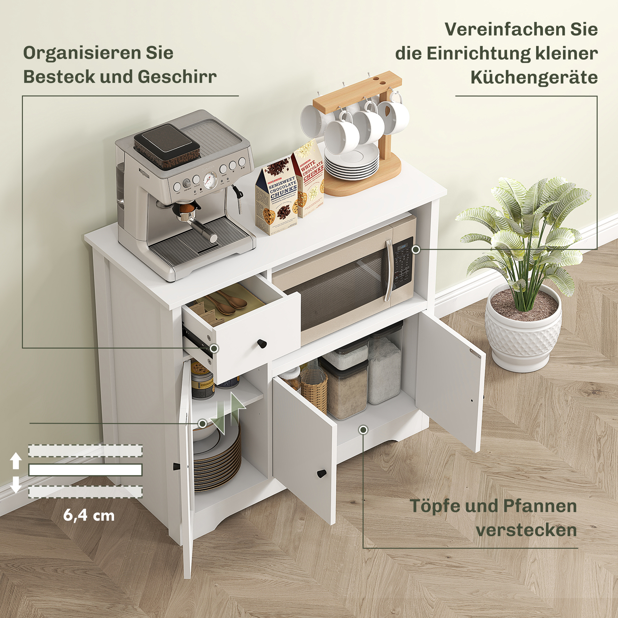 HOMCOM Keukenkast met Kabeldoorvoer, Commode met 2 Kasten, Open Vak, Lade, 80 x 35 x 72,2 cm, Spaanplaat, Wit