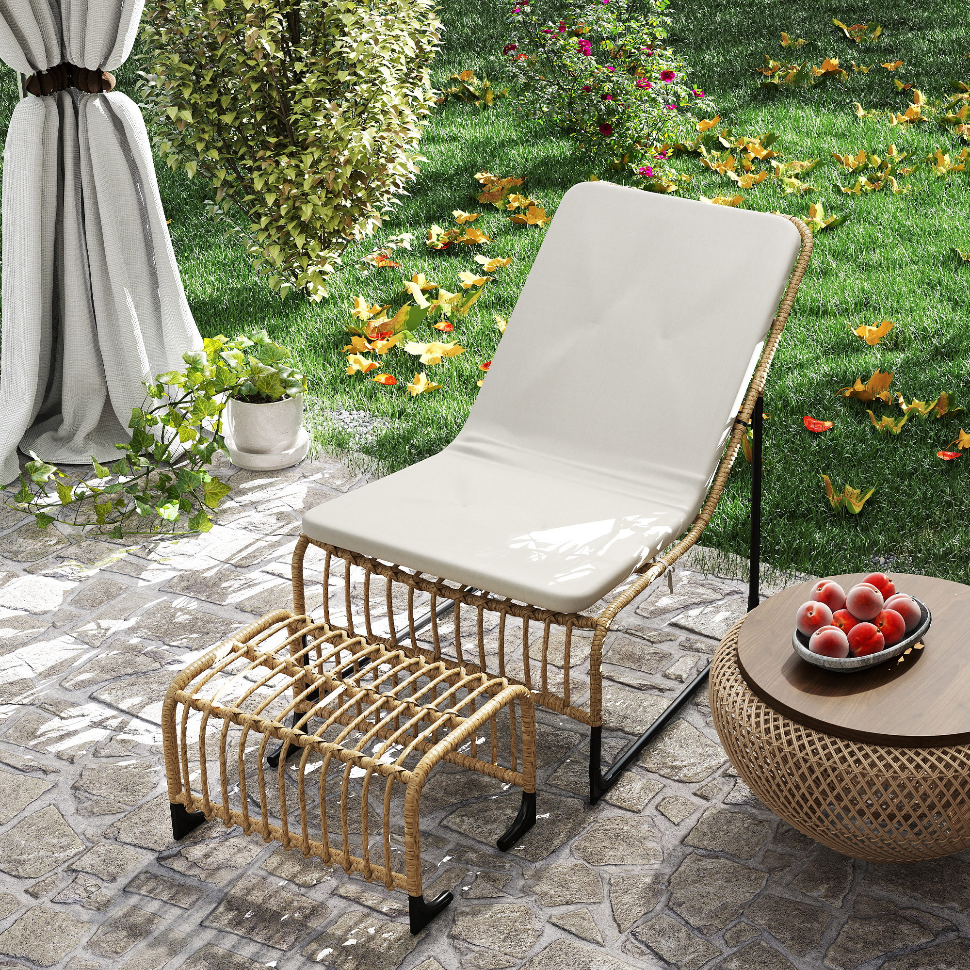 Outsunny Rattan Relaxfauteuil met Voetenbank UV-bestendig Tuinfauteuil met Kussen en Banden 65 x 93 x 80 cm Natuurhout