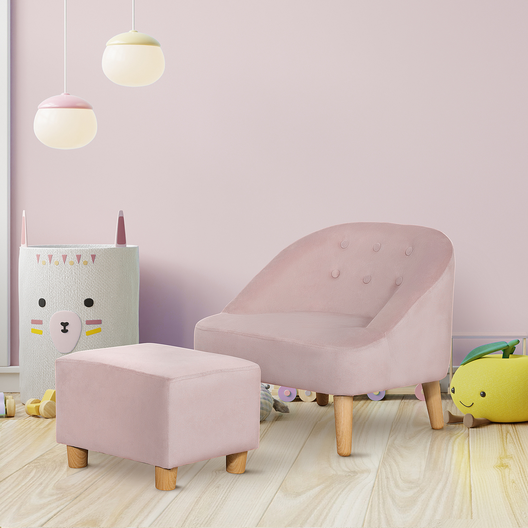 Homcom kinderfauteuil met voetenbank voor kinderen van 3 tot 5 jaar, schattig fluwelen design, 51 cm x 51 cm x 50 cm, roze